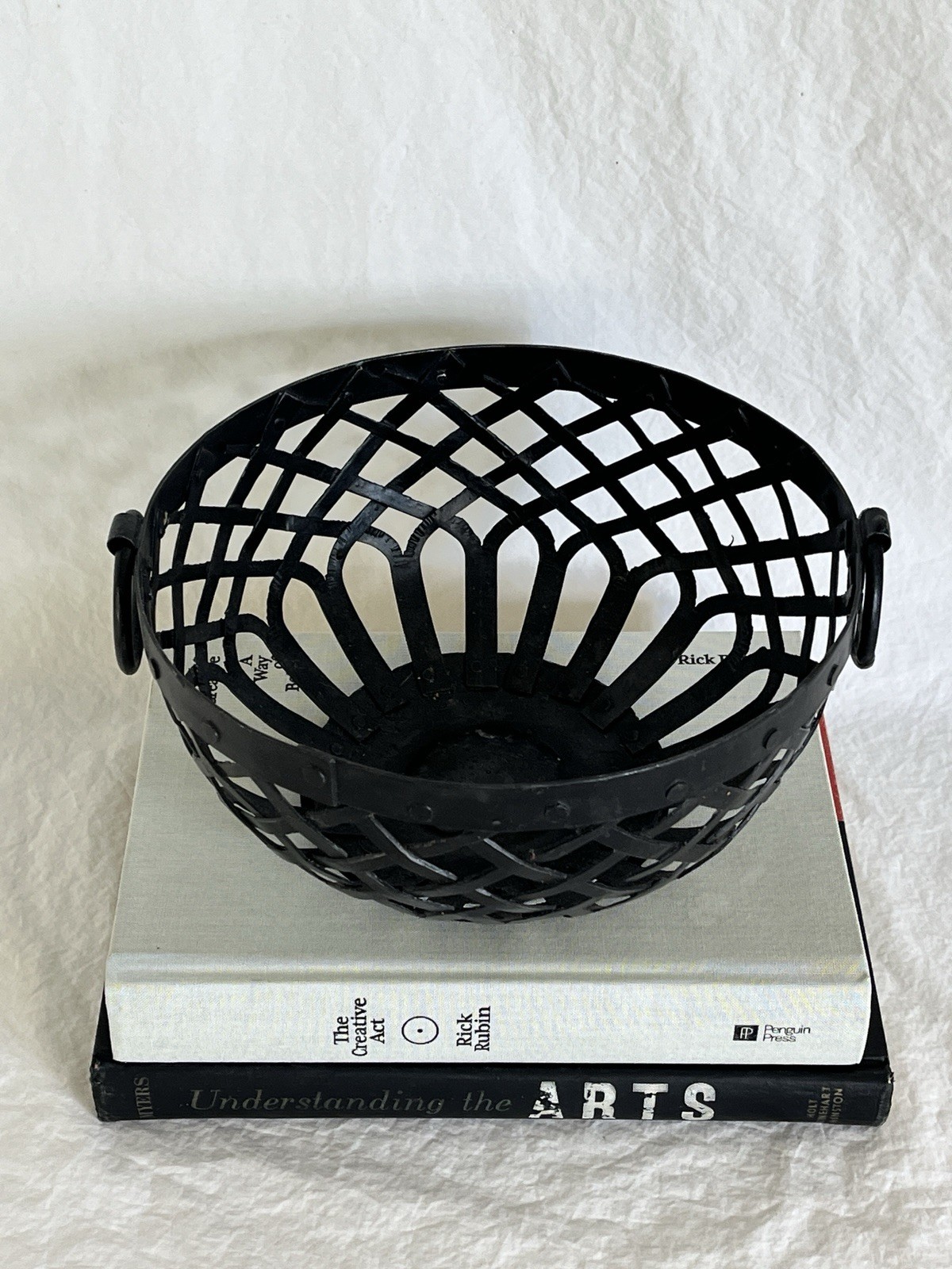 Black Resin Basket with Ring Handles Inspired by Cast Iron Baskets