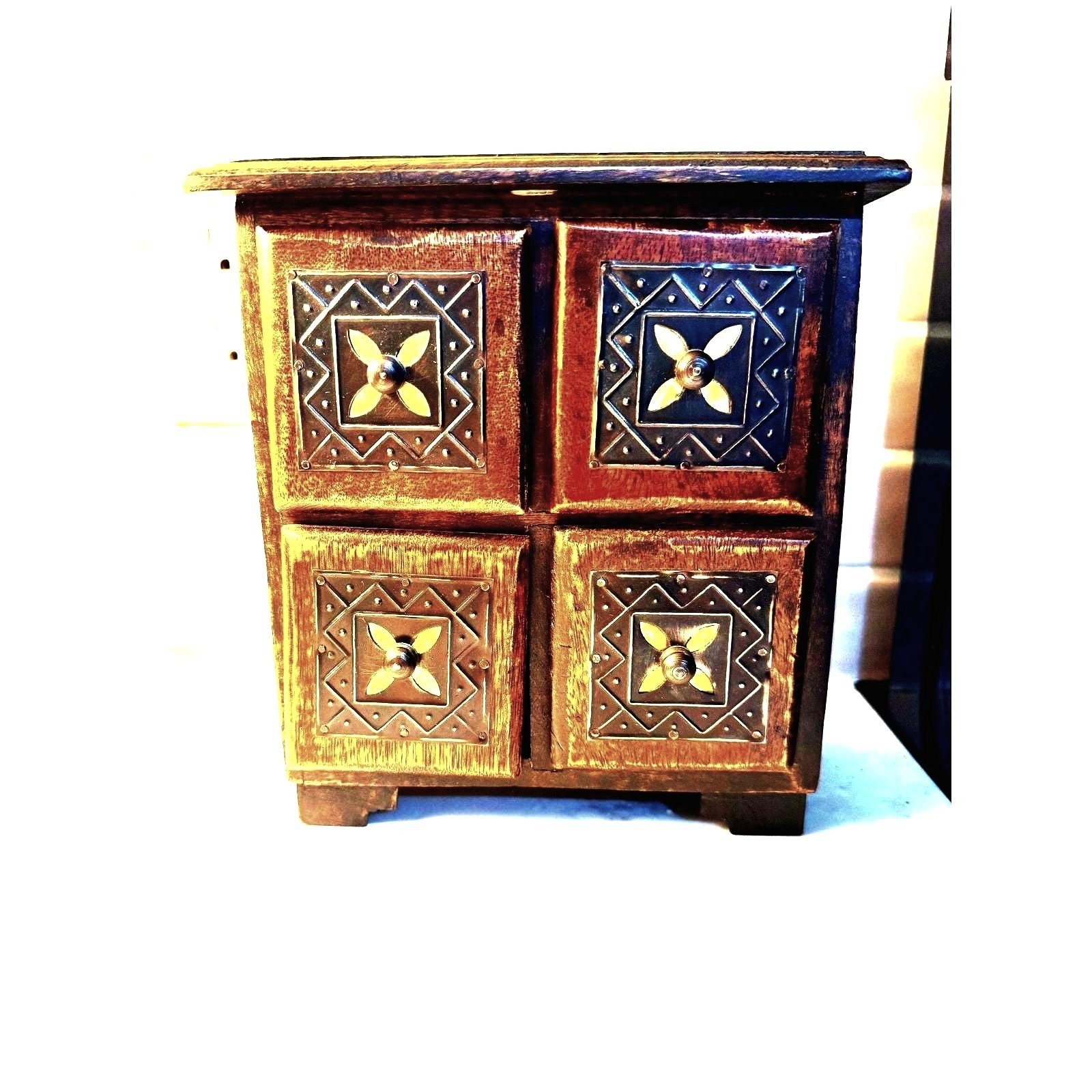 Rustic Wooden 4 Drawer Apothecary Chest Metal Floral Cottage Jewelry Trinket Box