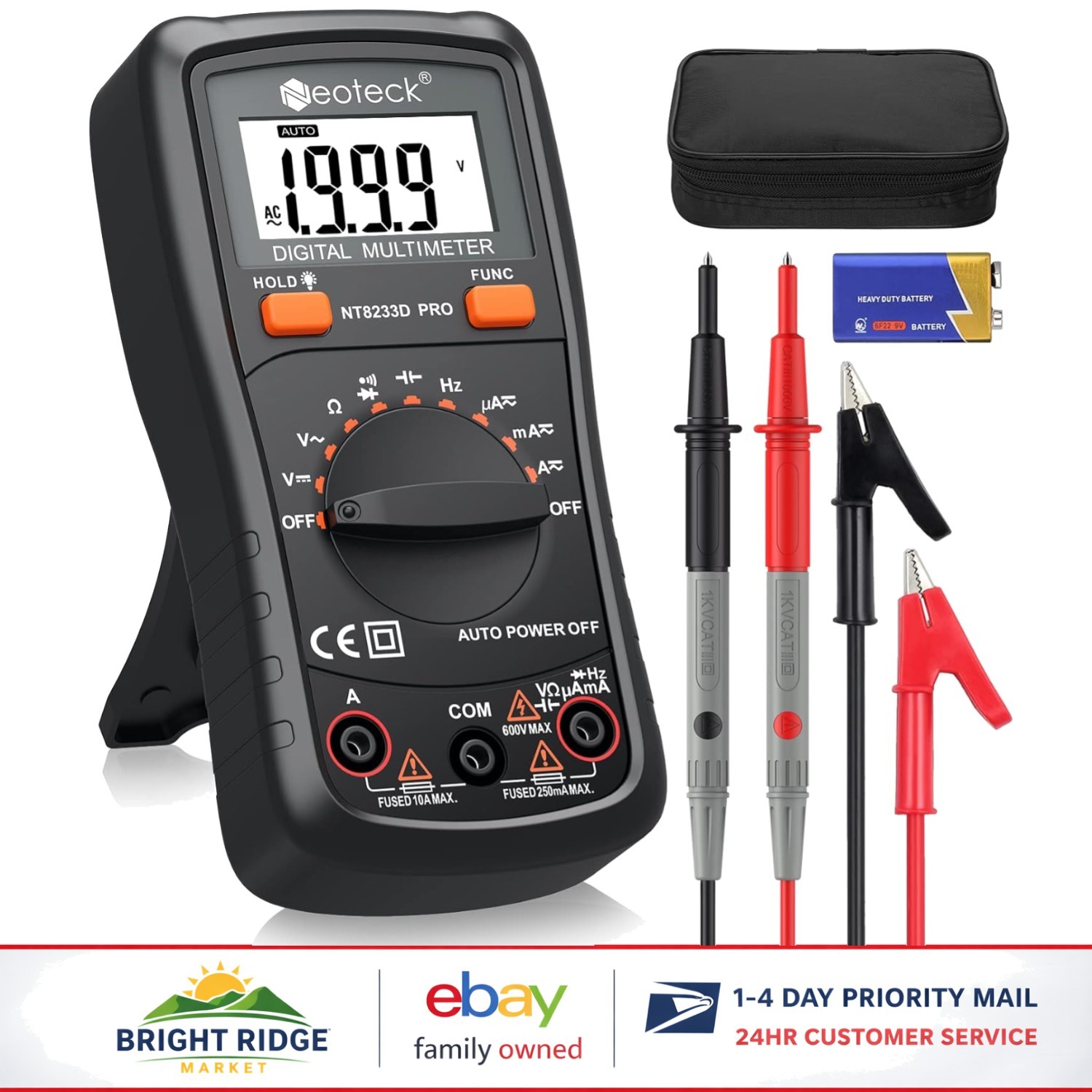 Battery Powered Digital Multimeter with Large Backlit LCD Display and  Leads