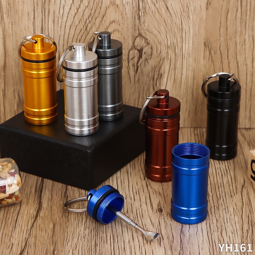 Premium Aluminum Waterproof Medication Pill Container Box Keychain With Spoon