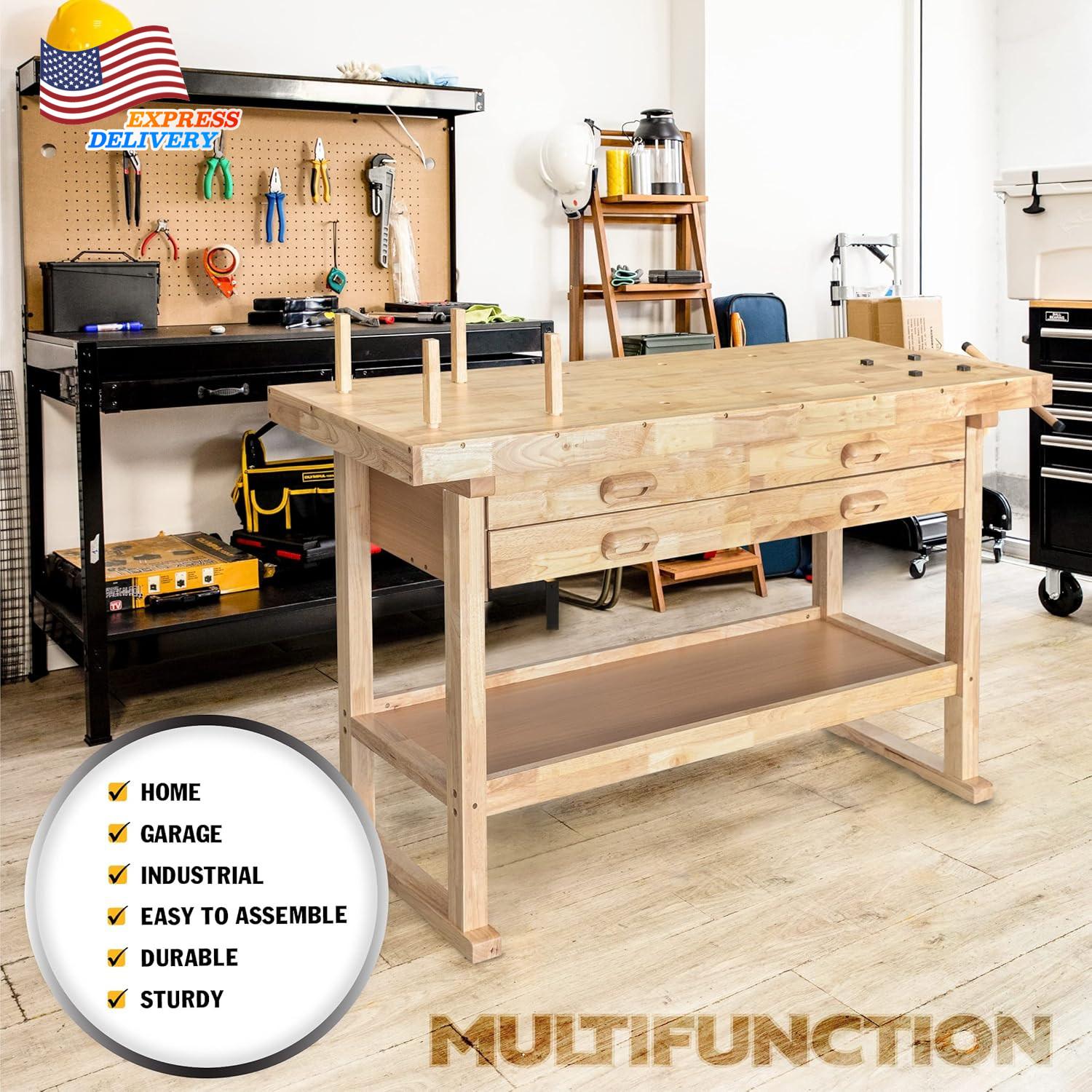 60" Rubber Hardwood Workbench with 4-Drawers 450Lbs Load for Garage Workshop