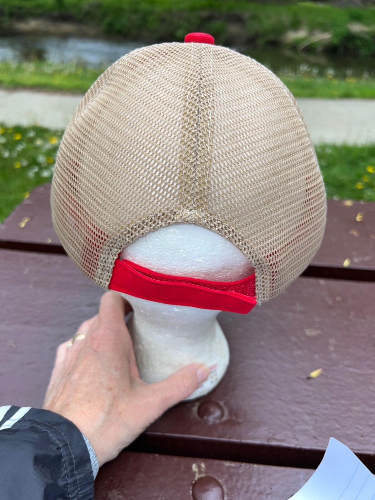 Trucker Hat Level 5 on Red Fabric Tan Mesh Hat Cap Hook Loop VGC