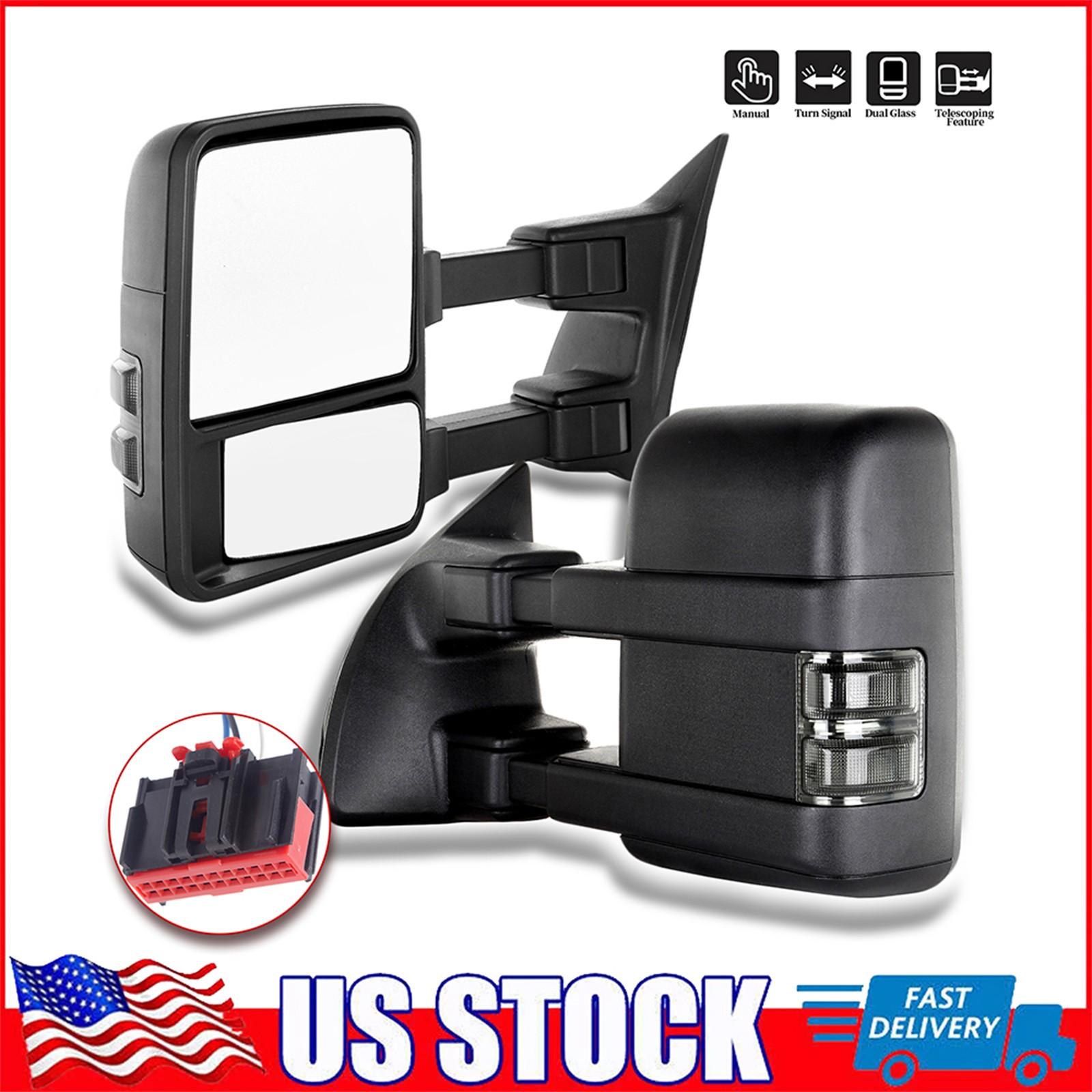 For 08-16 Ford F250 F350 F450 F550 Super Duty Manual Tow Mirrors w/Smoke Signal