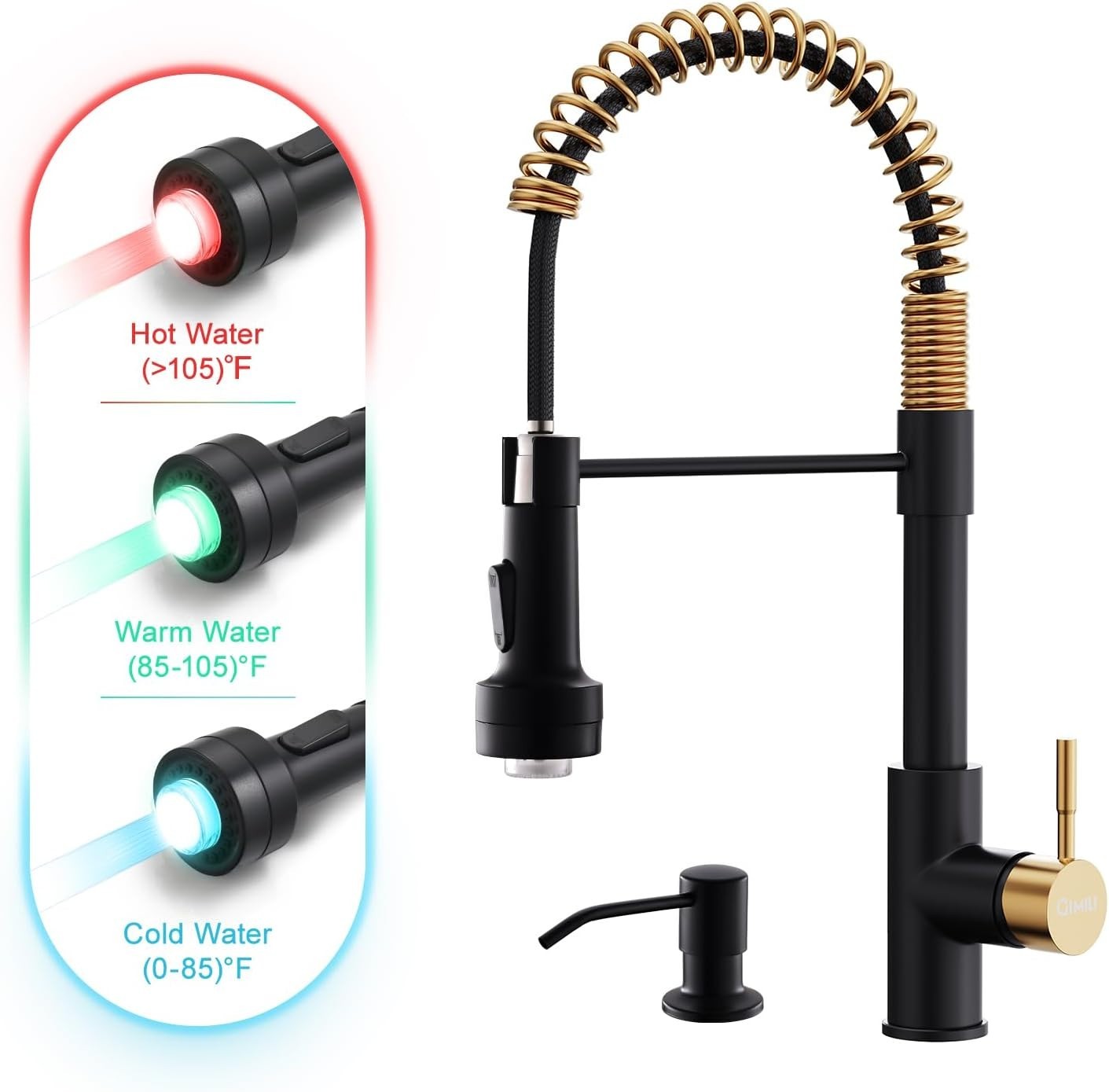 Luxury LED Black and Gold Kitchen Faucet with Soap Dispenser & Pull-Down Sprayer