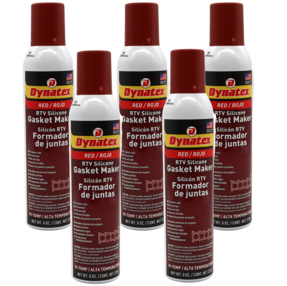 Dynatex Red Hi-Temp RTV Gasket Maker 8oz auto can - Sensor Safe, 650°F (5-Pack)