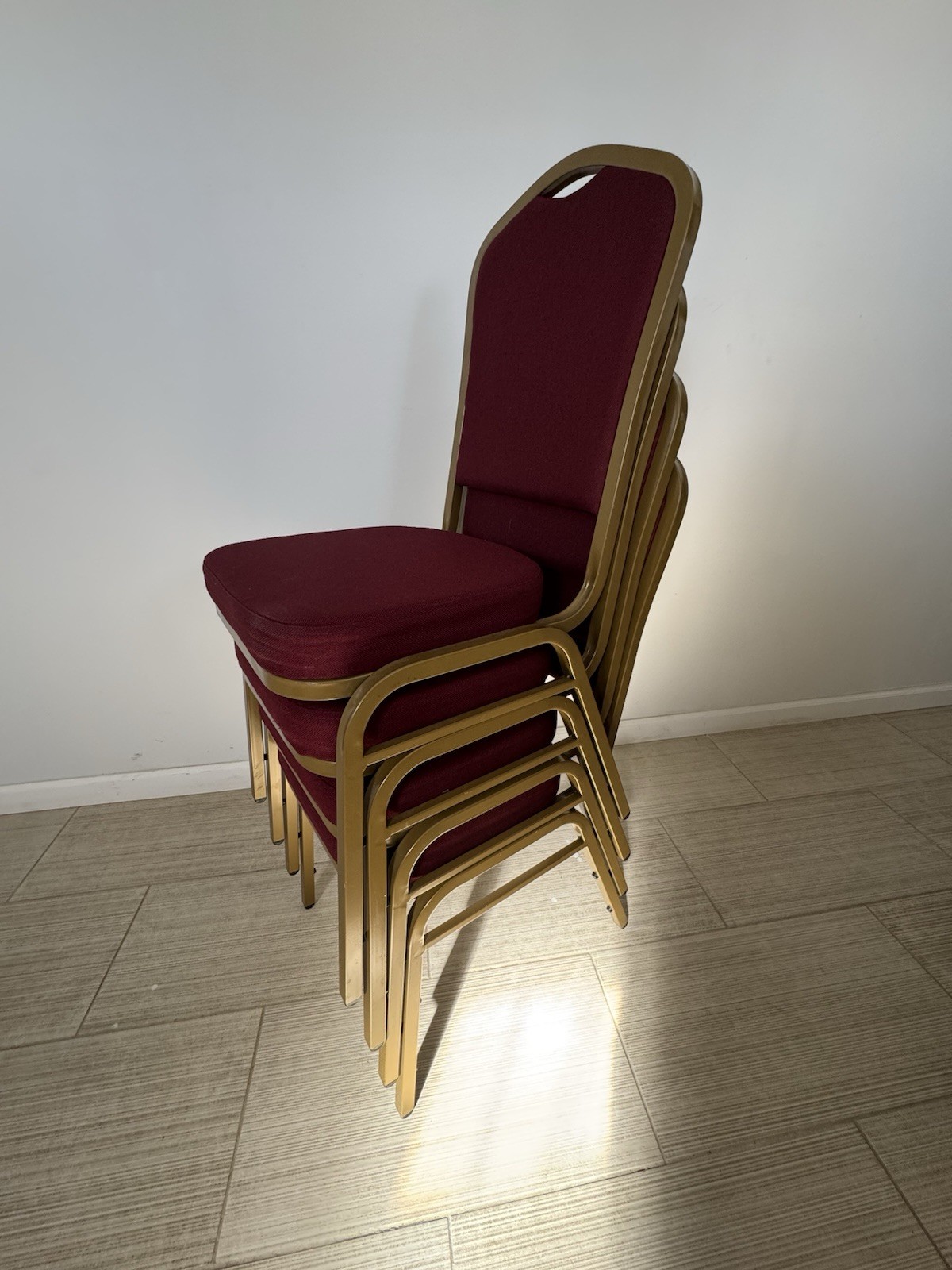 Back Stacking Red Banquet Chairs In Burgundy Fabric-Gold Frame Set of 5 NEW