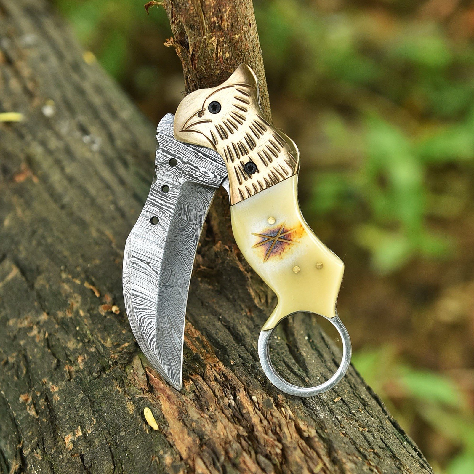 Damascus Folding Karambit Blade Pocket Knife Case -Original Camel Bone Handle