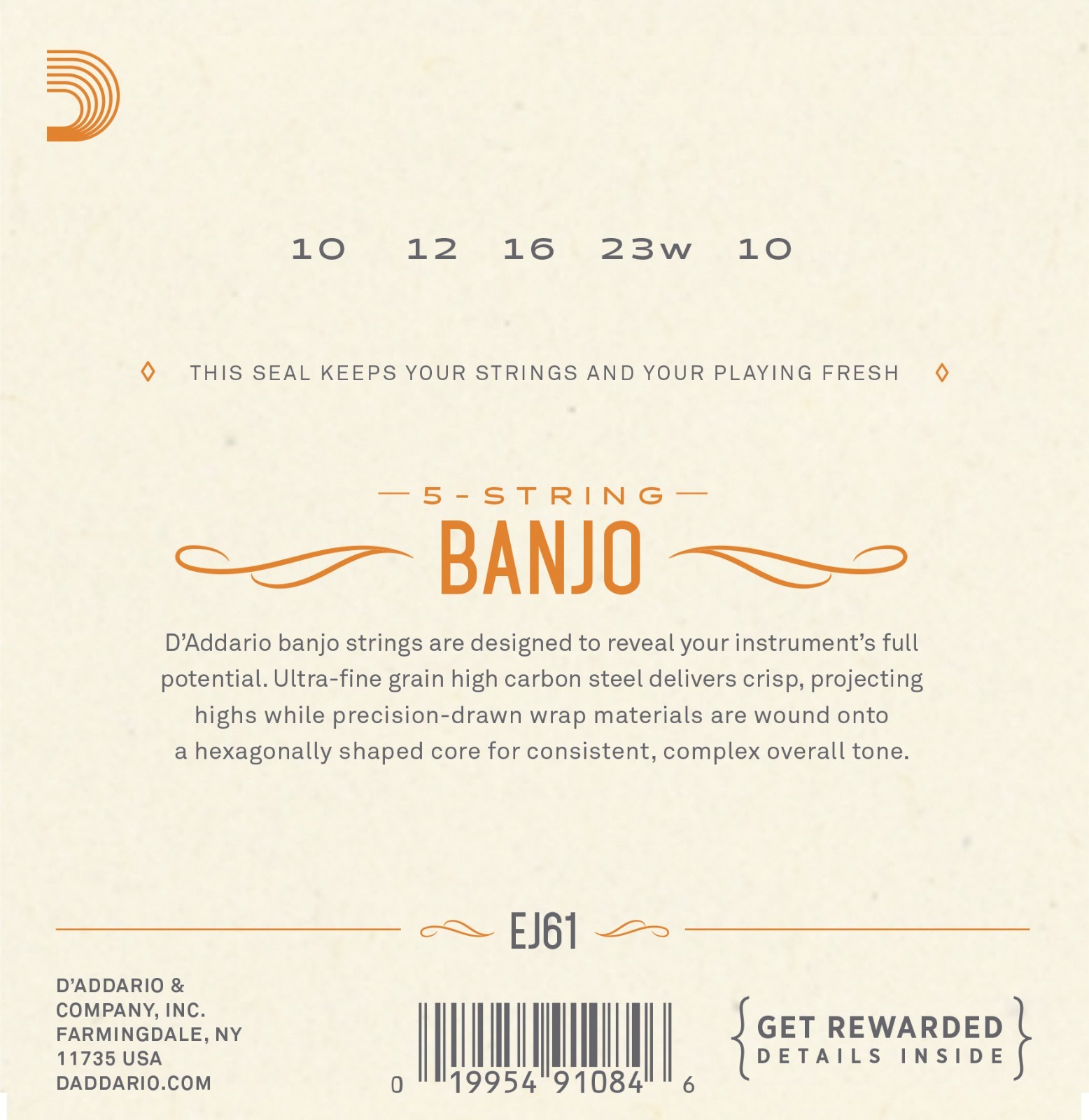 EJ61 5 String Banjo Strings Nickel Medium 10-23 D'Addario