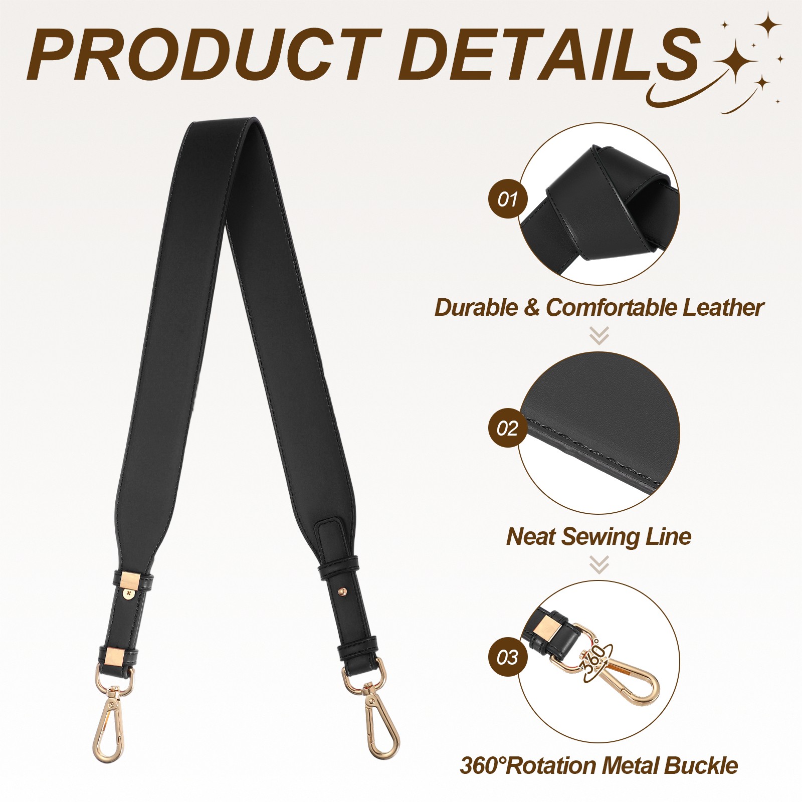 Leather Purse Strap Replacement Crossbody Adjustable Bag Strap Black Gold