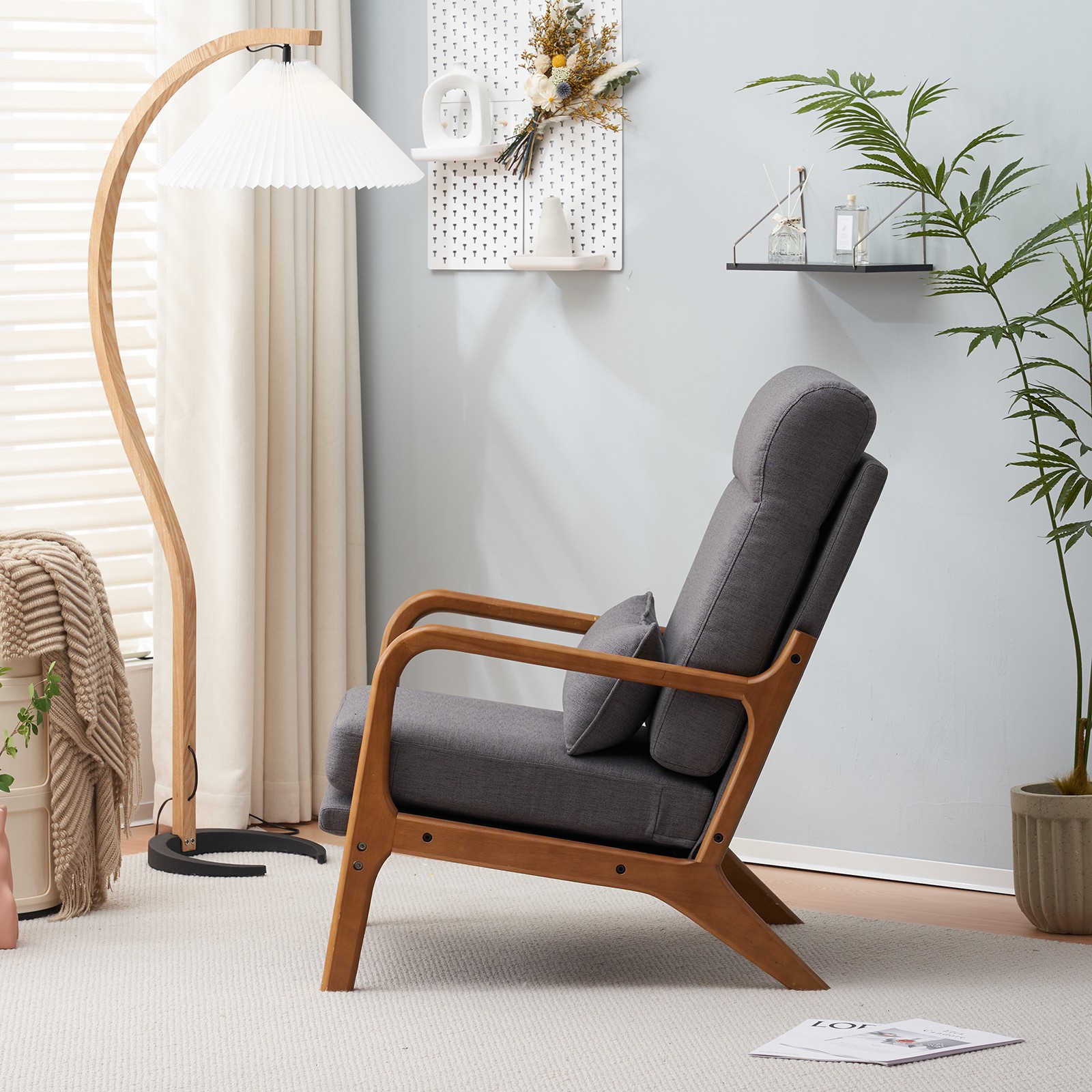 High Back Solid Wood Armrest Backrest Iron Frame Linen Indoor Leisure Chair  Dar