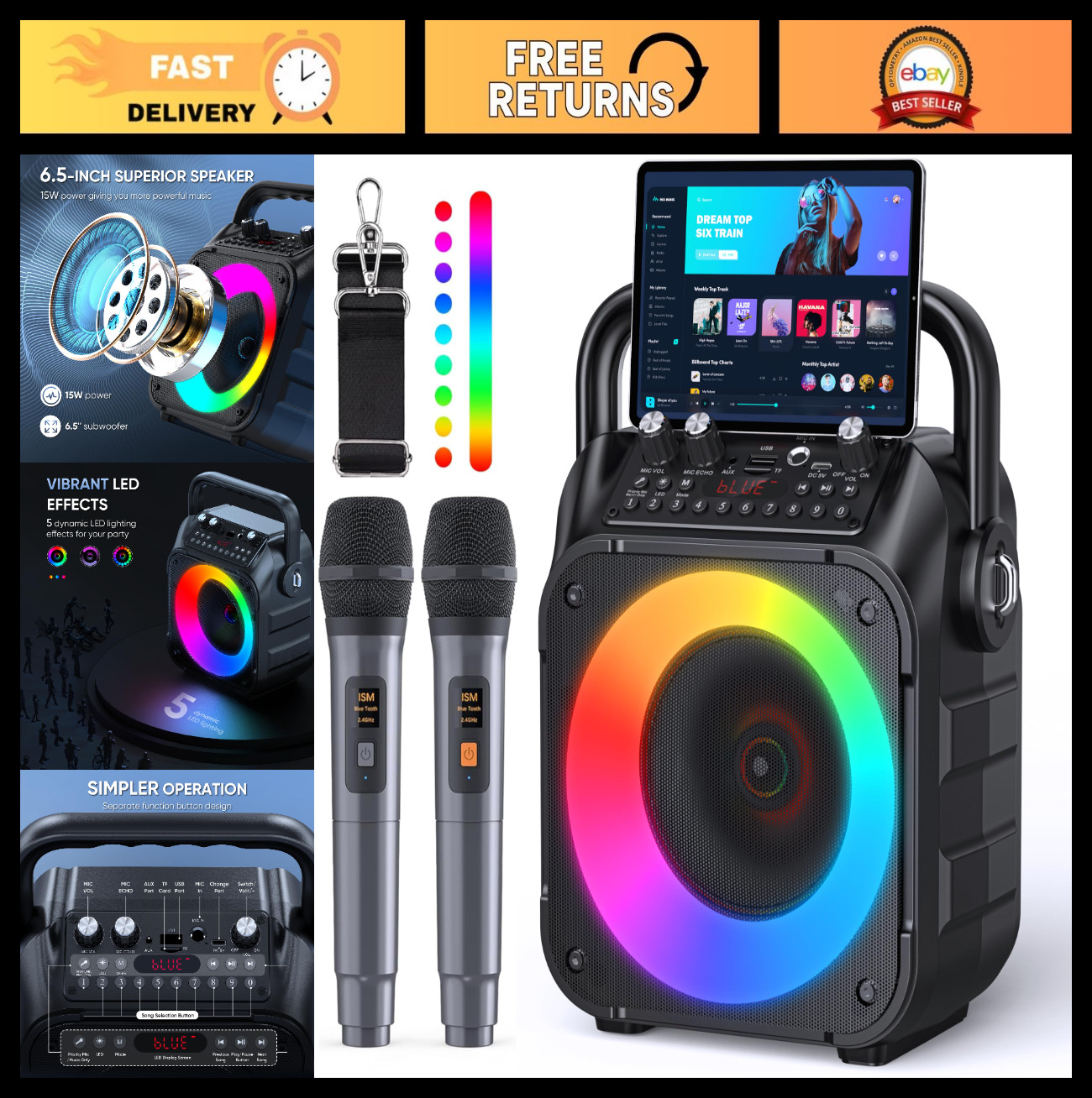 Portable Karaoke Machine with Bluetooth Speaker, 2 Wireless Mics, Lights, USB/TF