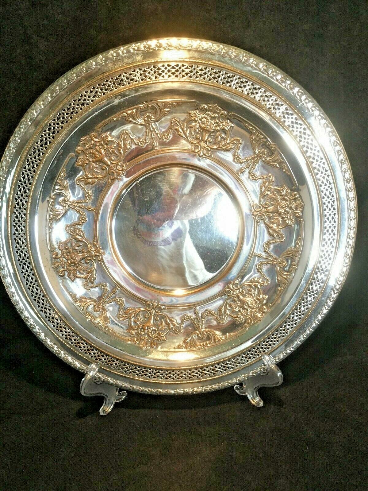 Vintage International Silver Co. 4281 Round Pierced Ornate Serving Tray