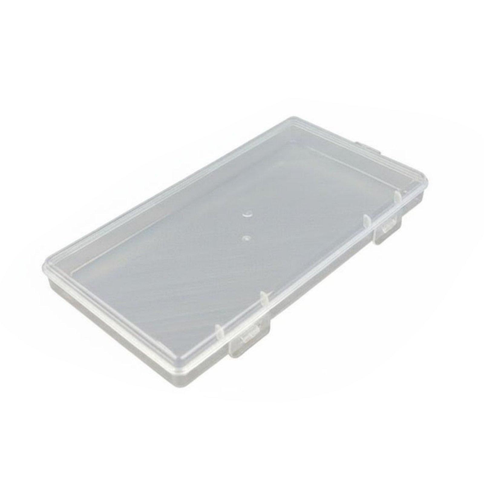 Set of 4 transparent card storage boxes with lids and secure closures. Suitable