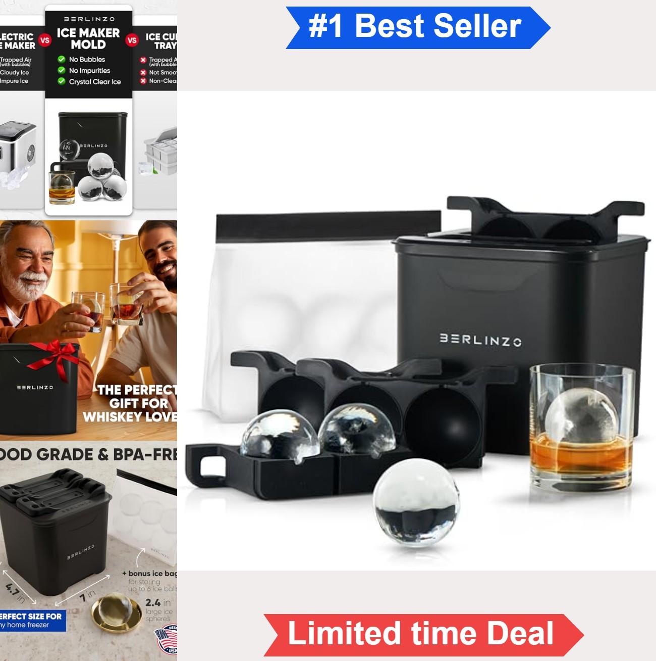 Ice Ball Maker Mold 4 Clear 2.4 Inch Whiskey Spheres Silicone BPA Free Slow