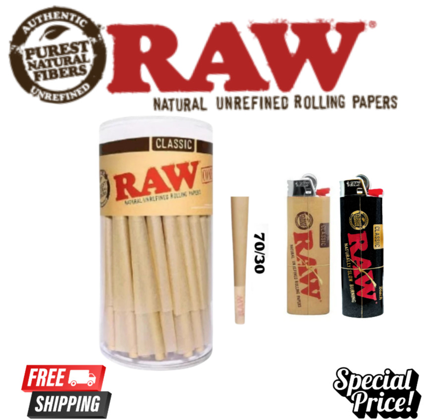 RAW Cones Single Size 70/30 Dogwalker 54ct  W/ Raw Bic Lighters (2)