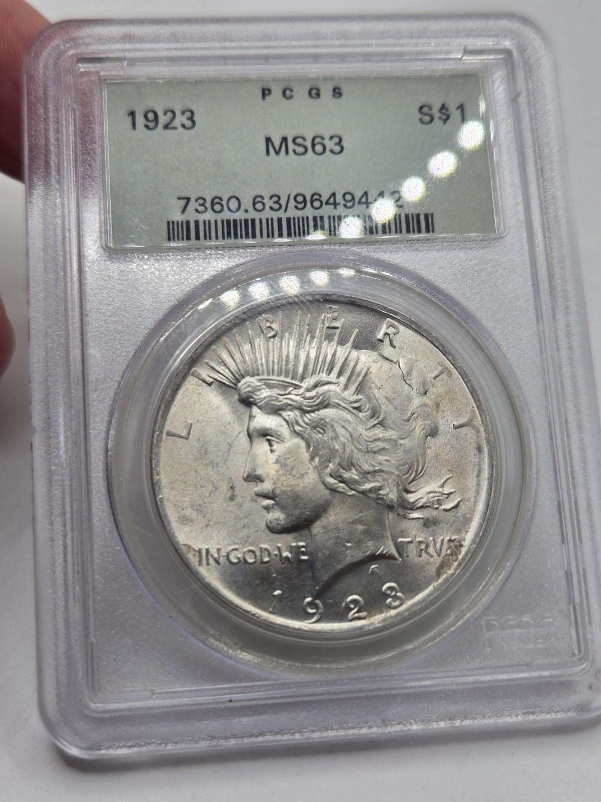 1923 Peace Silver Dollar PCGS MS63 OGH Old Green Holder 90% Silver $1
