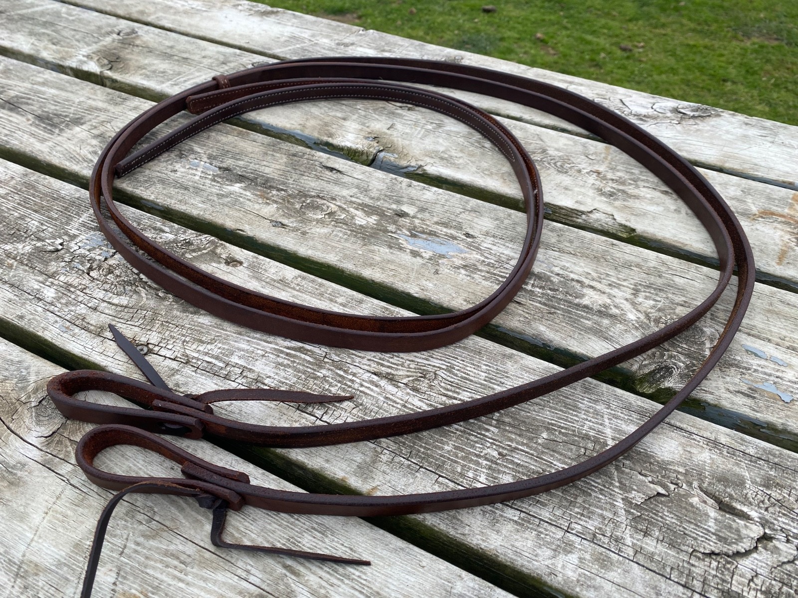 Dark oiled Harness leather Western split reins w/stitched ends 8 ft X 5/8”