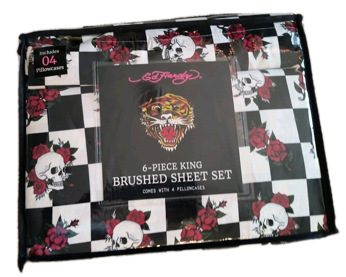 Ed Hardy 6-Piece KING Sheet Set Black White Check Rose Skulls With 4 Pillowcases