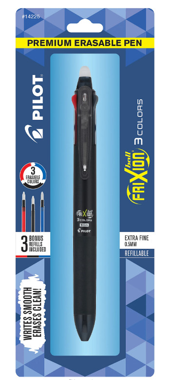 Pilot FriXion Ball Premium Erasable Gel Pen 0.5 mm Black Barrel, 3 Colors Ink