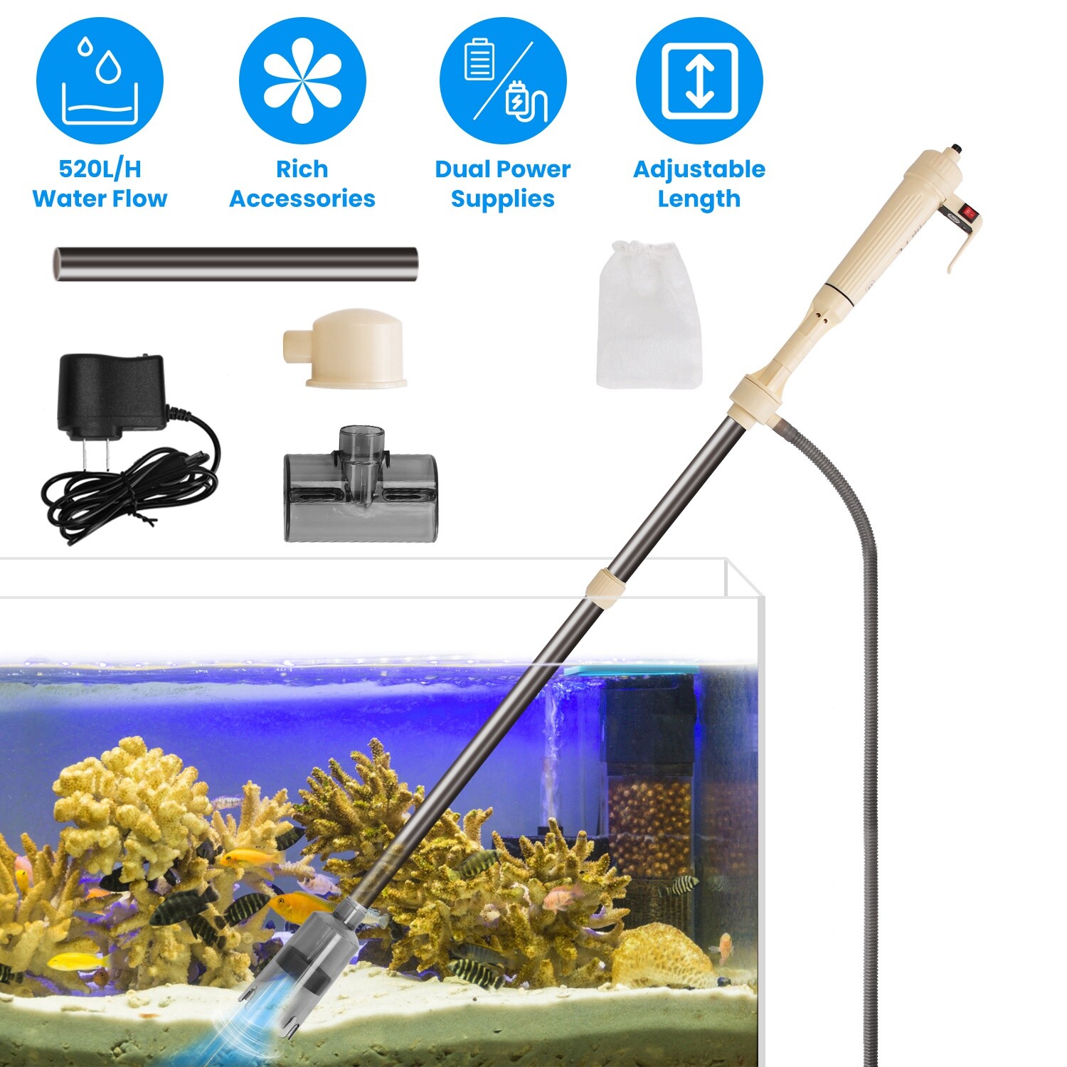 Electric Aquarium Fish Tank Siphon Pump Vacuum Gravel Water Filter Cleaner Pipe