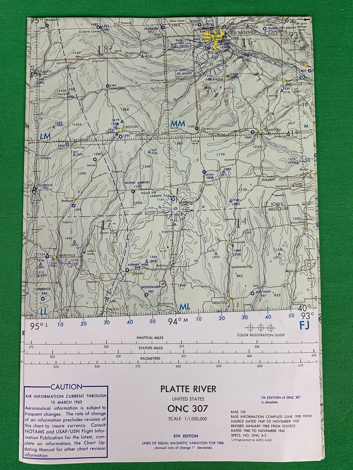 Vintage Platte River ONC 307 Aeronautical Aviation Chart Map, 7th Ed 1963