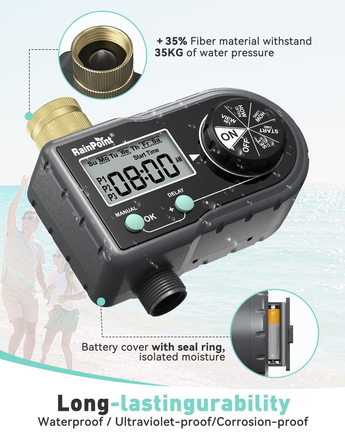 "3-Program Sprinkler Timer with Brass Inlet for Automatic Lawn Irrigation"