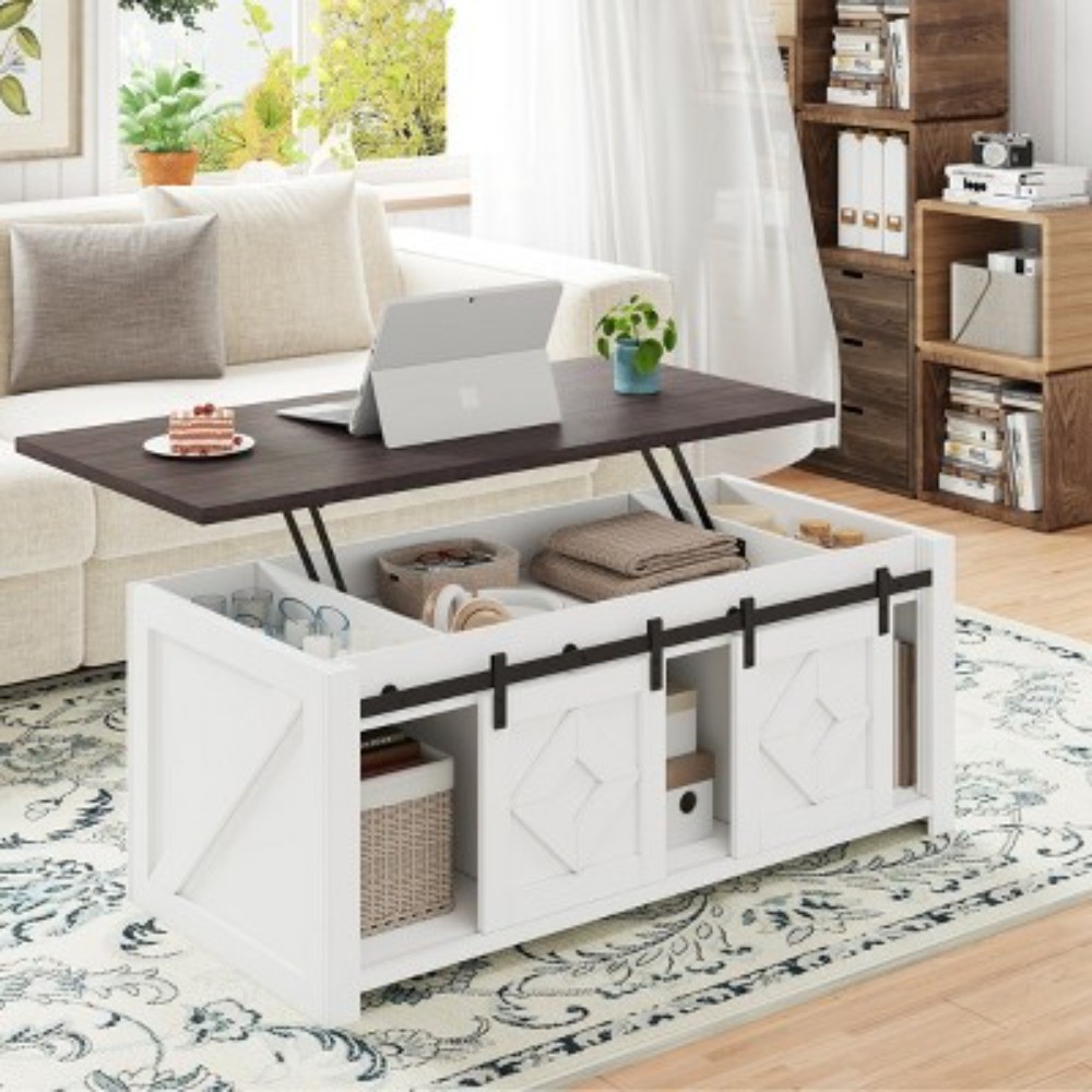 HOMMOW Farmhouse Lift Top Coffee Table With Storage & Sliding Barn Doors