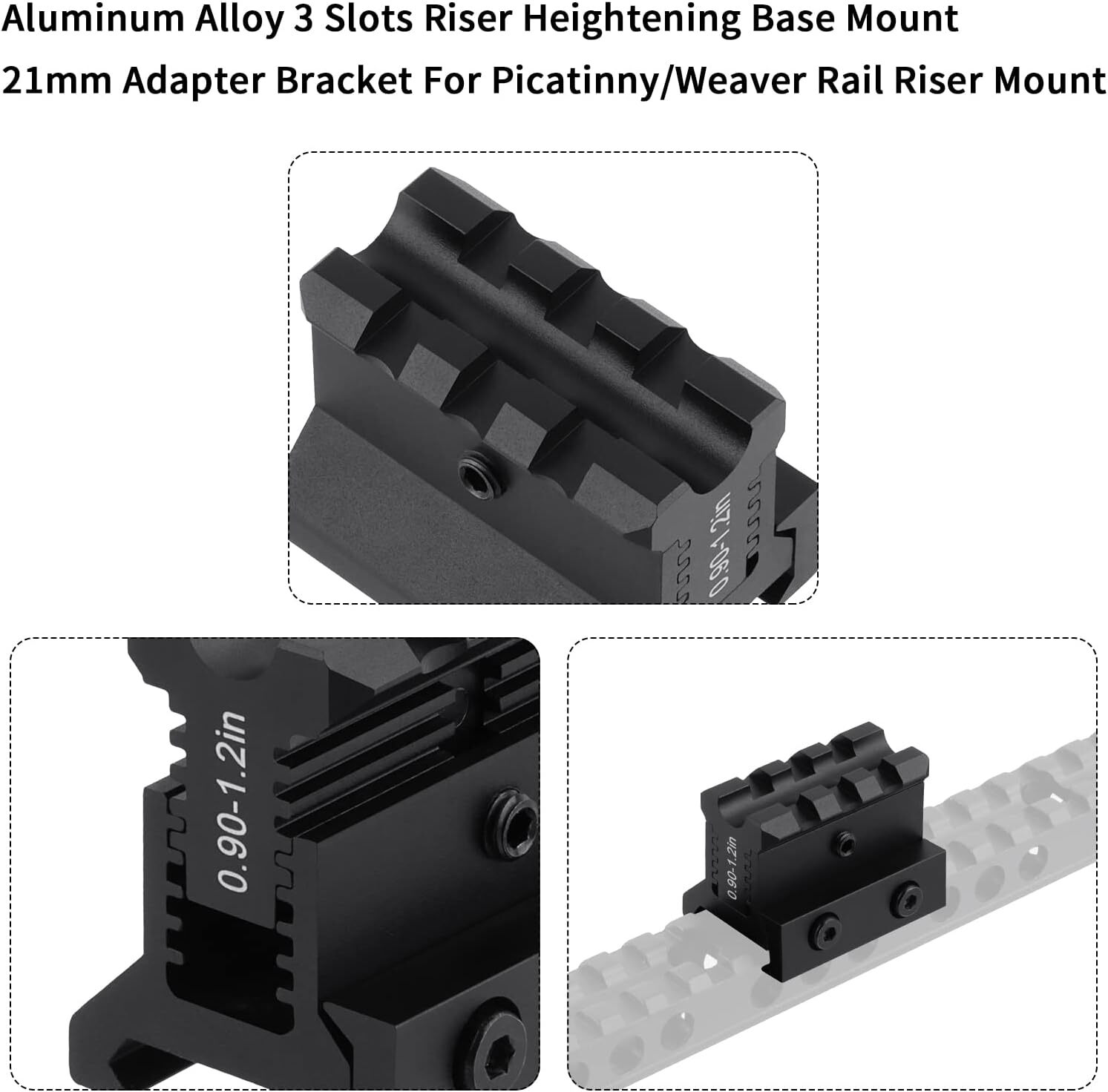 Picatinny Riser Mount Adjustable Height 0.9-1.2in Lockdown Series 3 Slots Raise