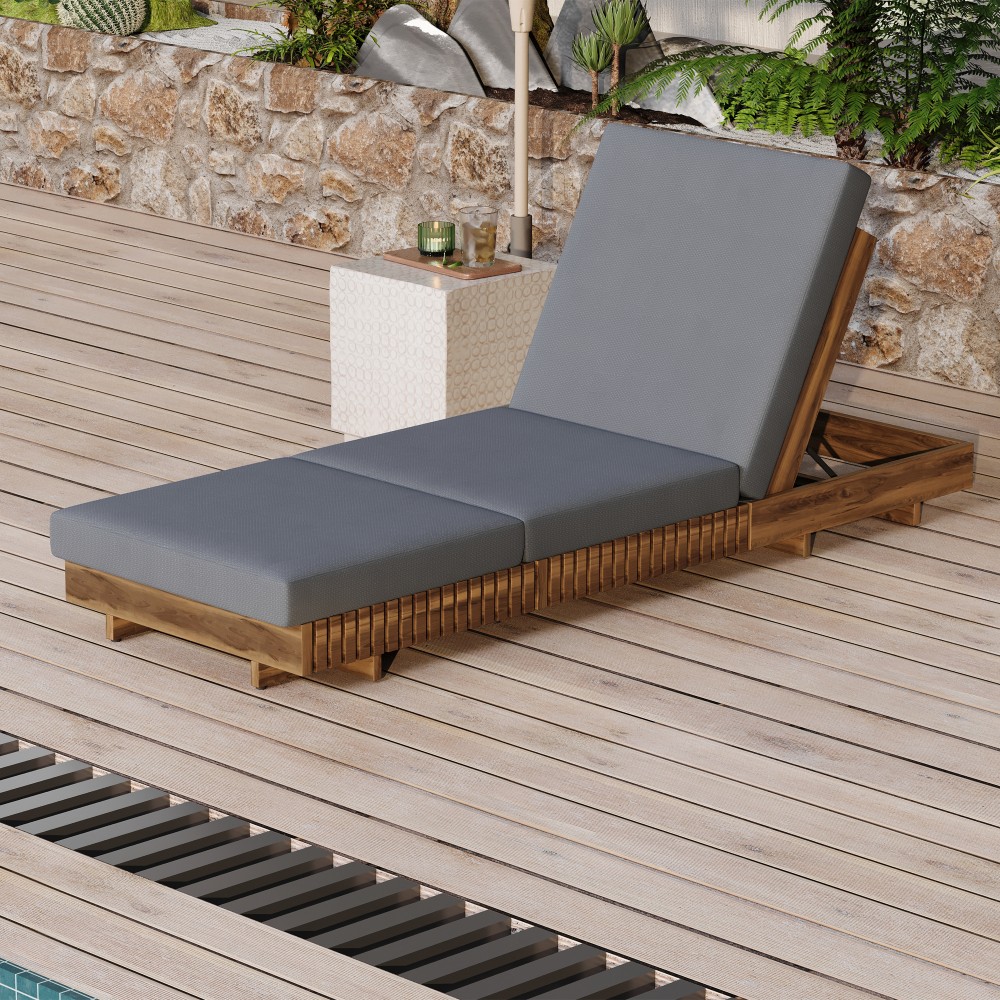 Acacia Wood Chaise Lounge Set with Adjustable Backrest & Cushion, Gray/Cream