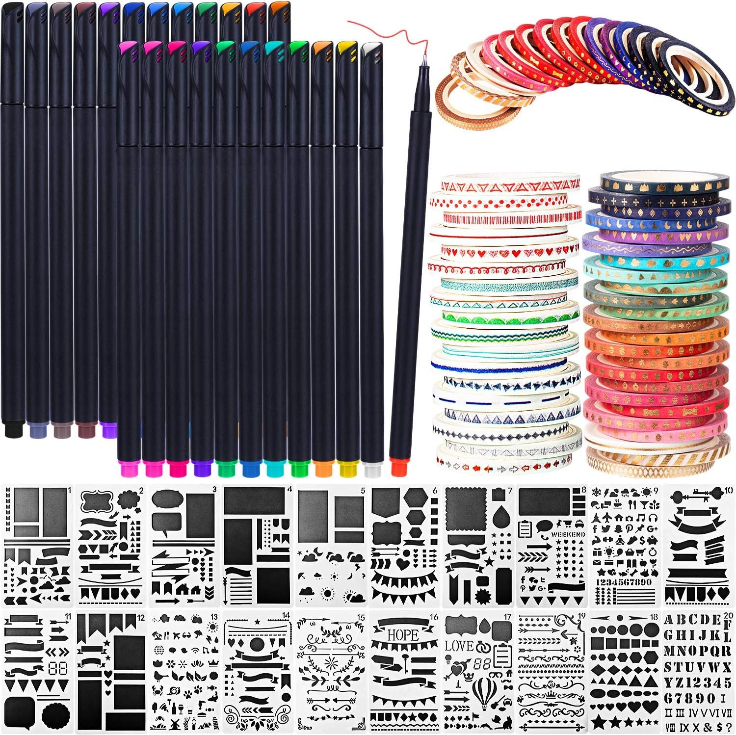 Honoson 48-Pack Scrapbooking Kit: Stencils, Washi Tape & Pens