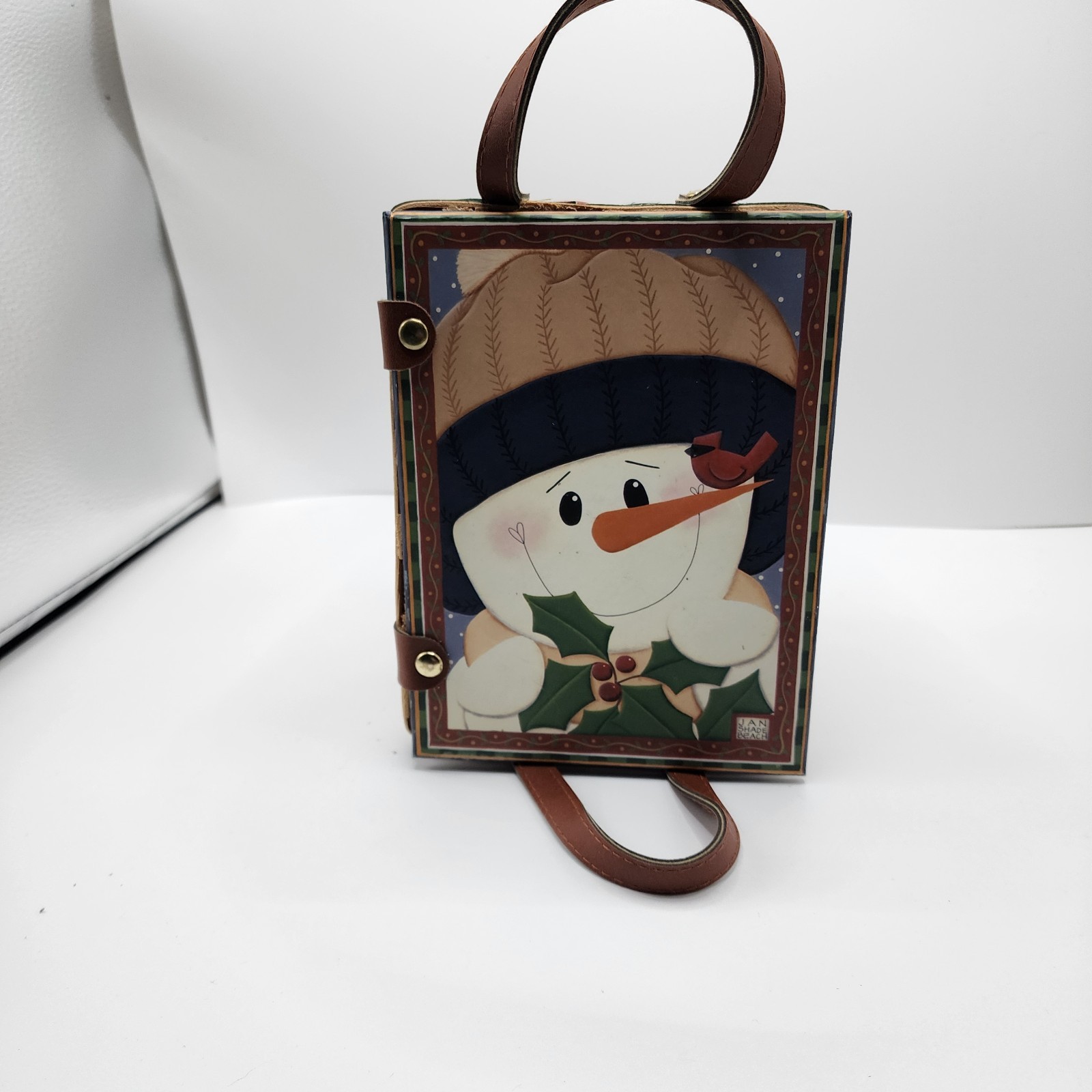 ​Jan Shade Beach Snowman Woven Basket Wood Lid Leather Handles Christmas Decor