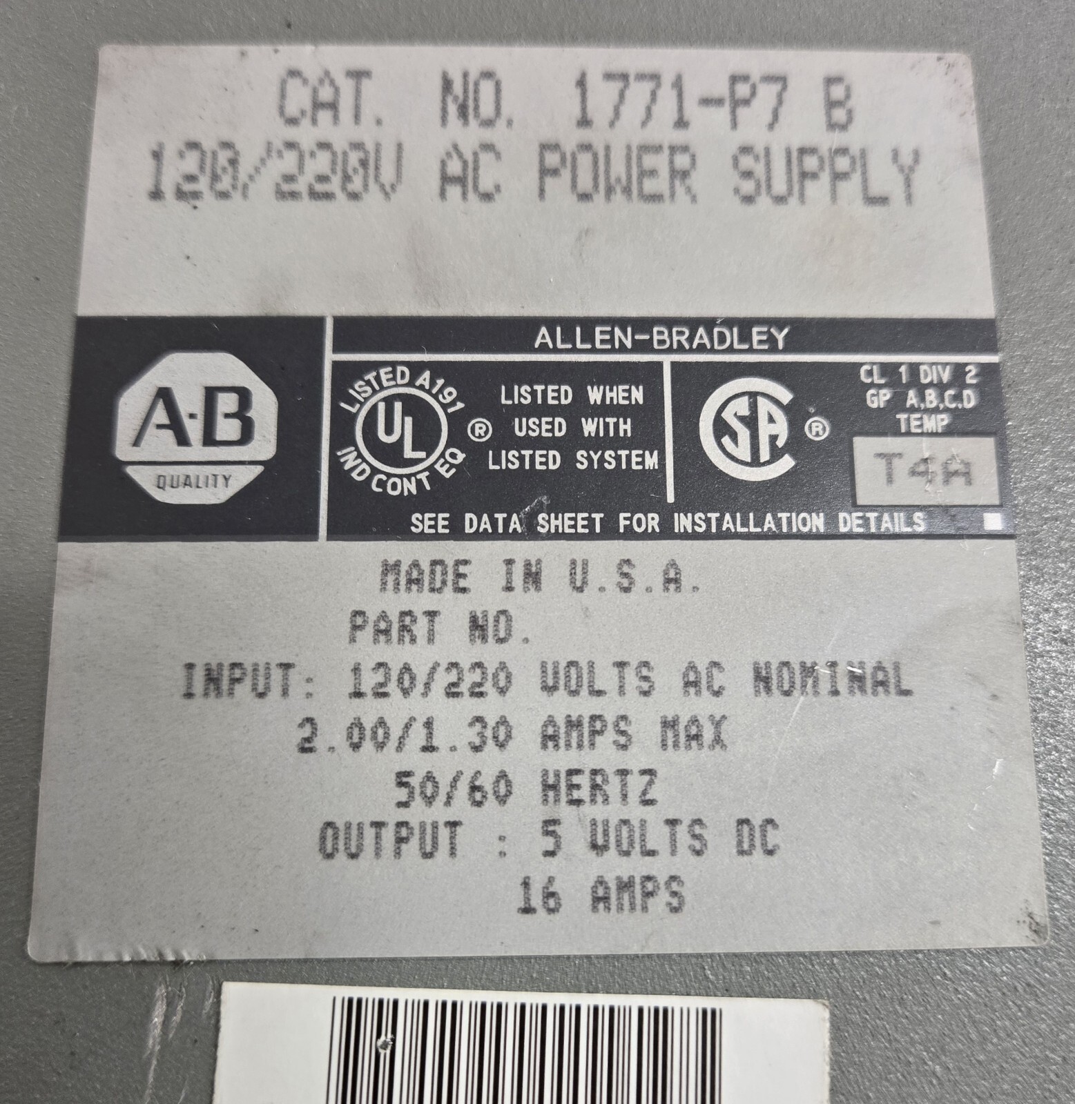 ALLEN BRADLEY POWER SUPPLY 1771-P7.