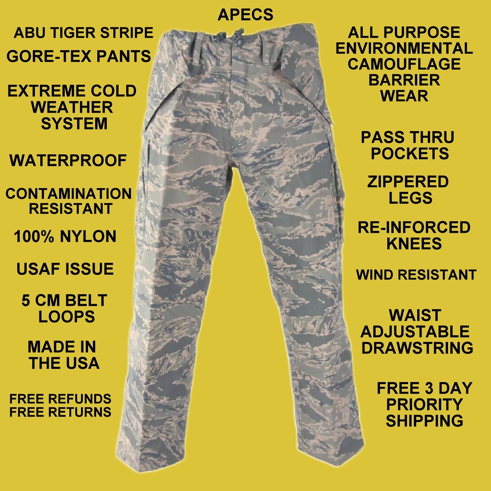 NEW GORE-TEX PANTS ALL PURPOSE ENVIRONMENTAL ABU TIGER STRIPE SMALL SHORT