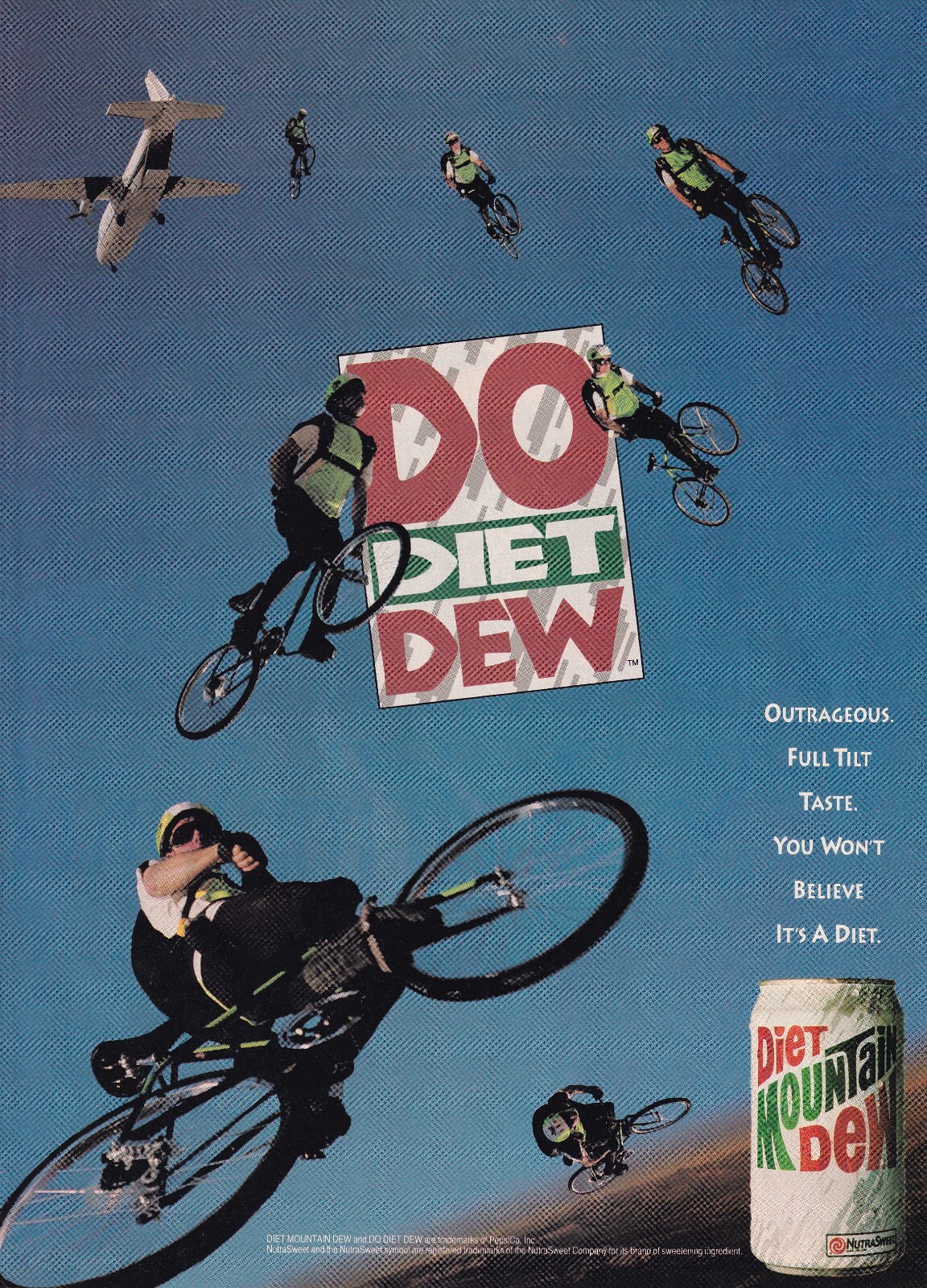 Print Ad 1991 Diet Mountain Dew 8" x 11" Bikers Parachuting