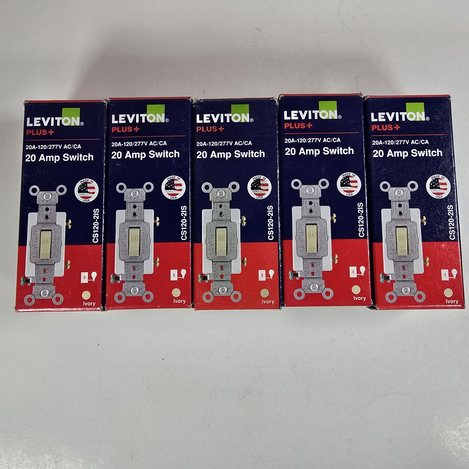 Lot of 5 Leviton CS120-2IS 20 Amp Toggle Switch Ivory 120/277V Commercial