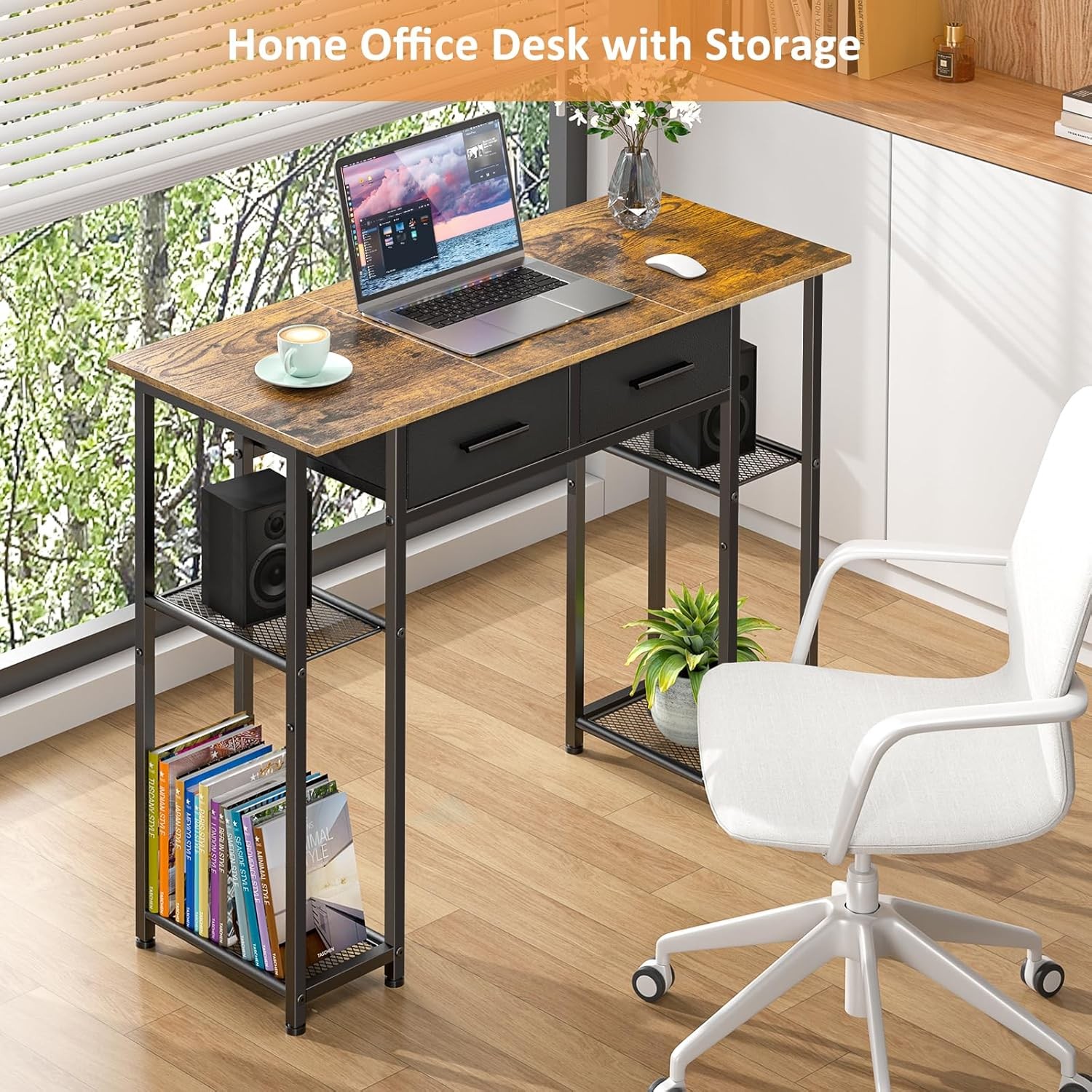 Computer Desk W/ Drawers 37.3 Inch Home Office Work Desk W/ Storage Shelf
