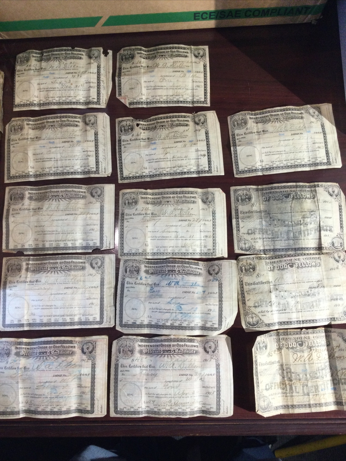 Lot Of (13) Independent Order of Odd Fellows Official Certificates (1912 - 1920)