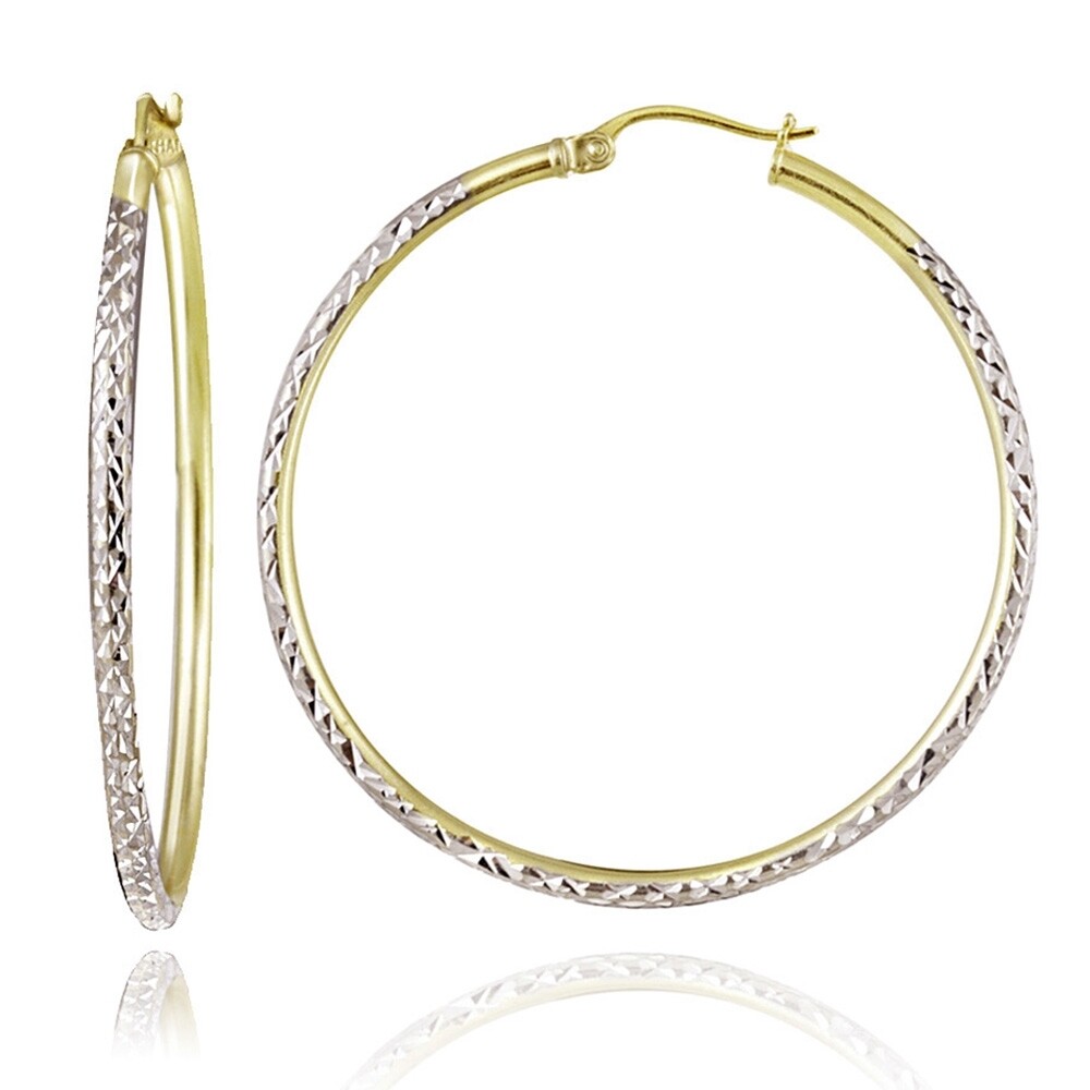 Sterling Silver Two-Tone 2mm Diamond-Cut Round Hoop Earrings, 50mm
