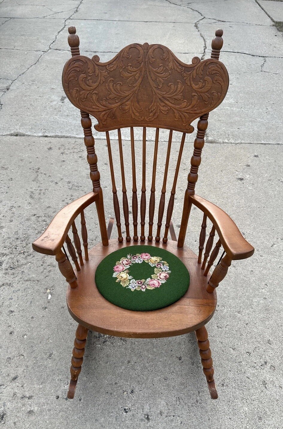 Vintage Victorian Rustic Maple Wood Spindle Back Needlepoint Seat Rocking Chair