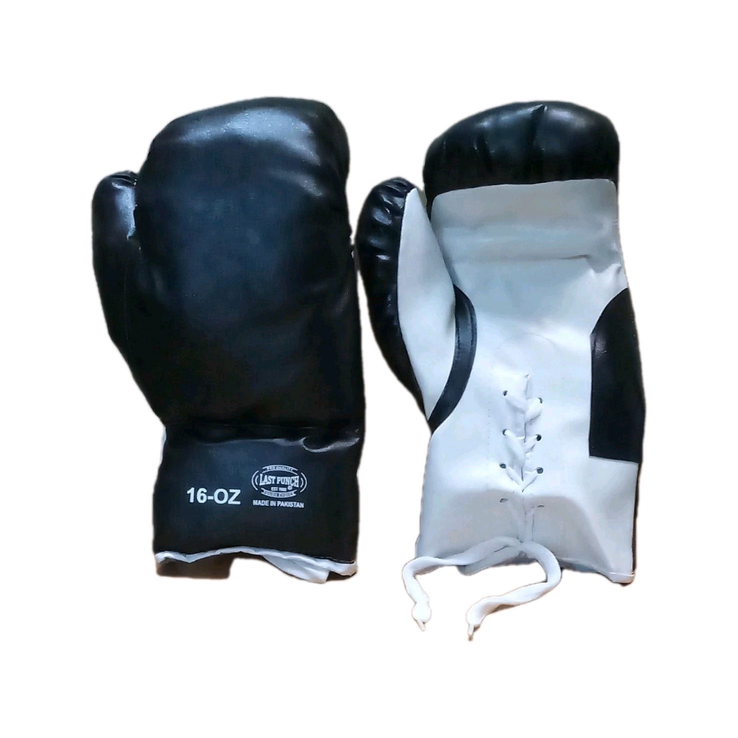 Last Punch Lace-Up Sparring Boxing Gloves 16 oz Black White Pair