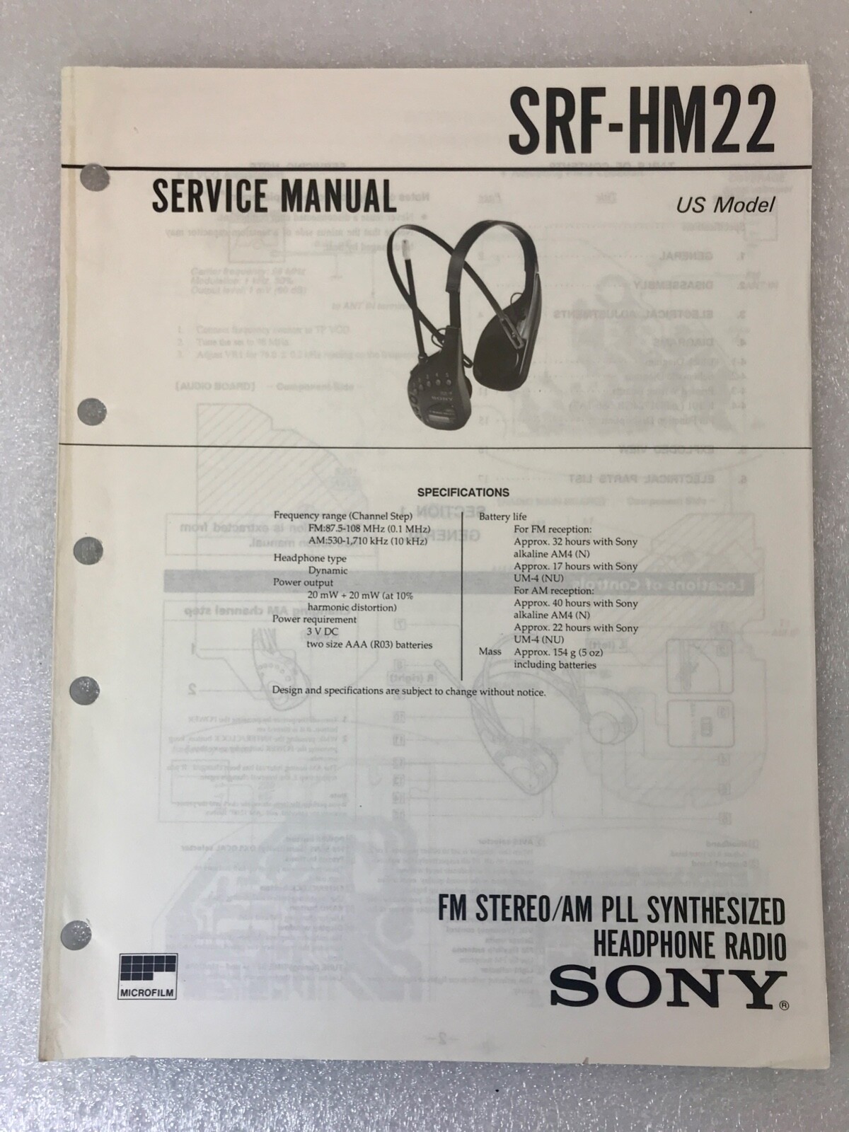 Original OEM Sony SRF-HM22 Service Manual FM/AM St PLL Synth Headphone Radio