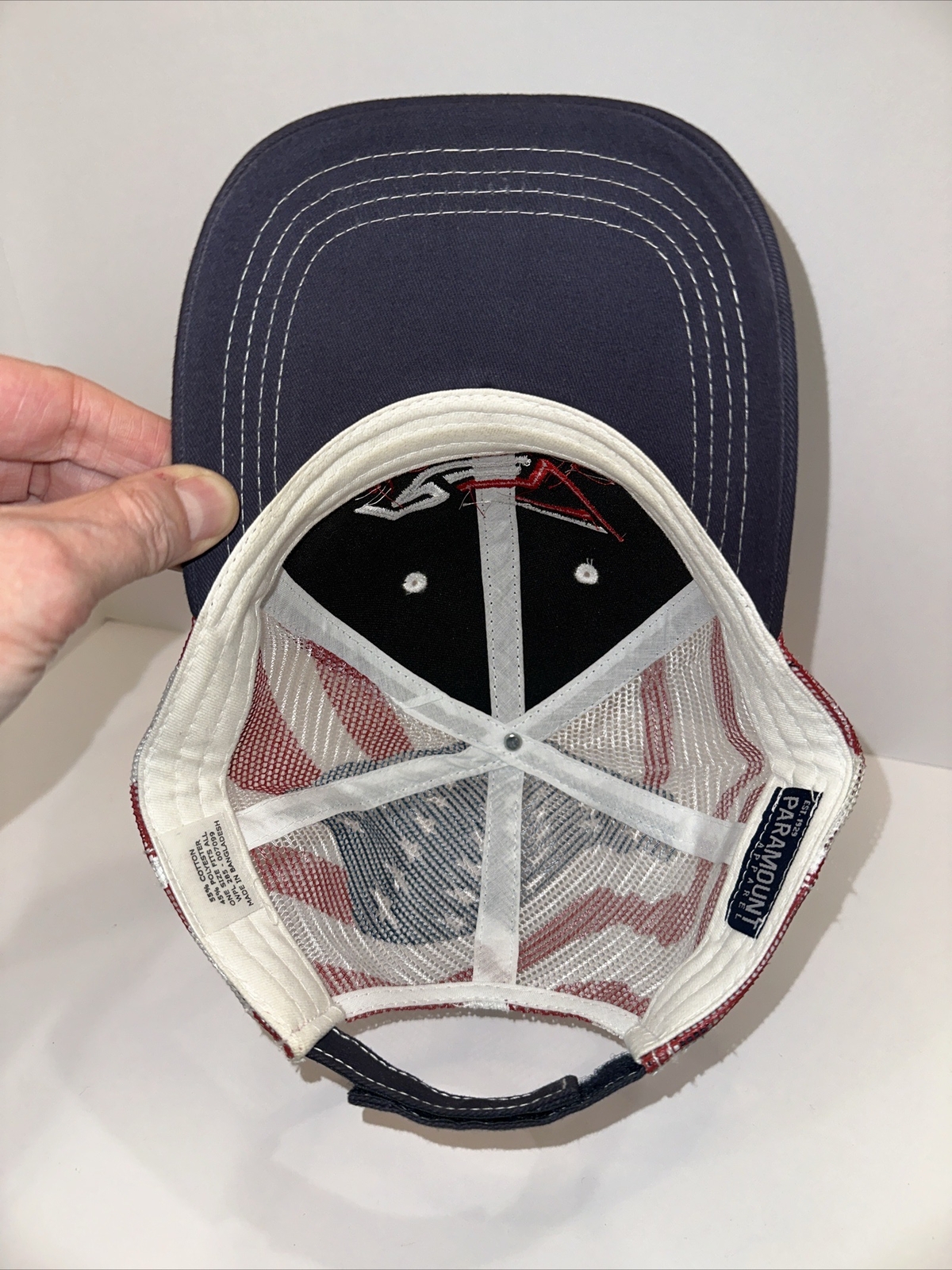 REV USA Factory Trained Hat Cap Navy w Flag Mesh Hook Loop Unique