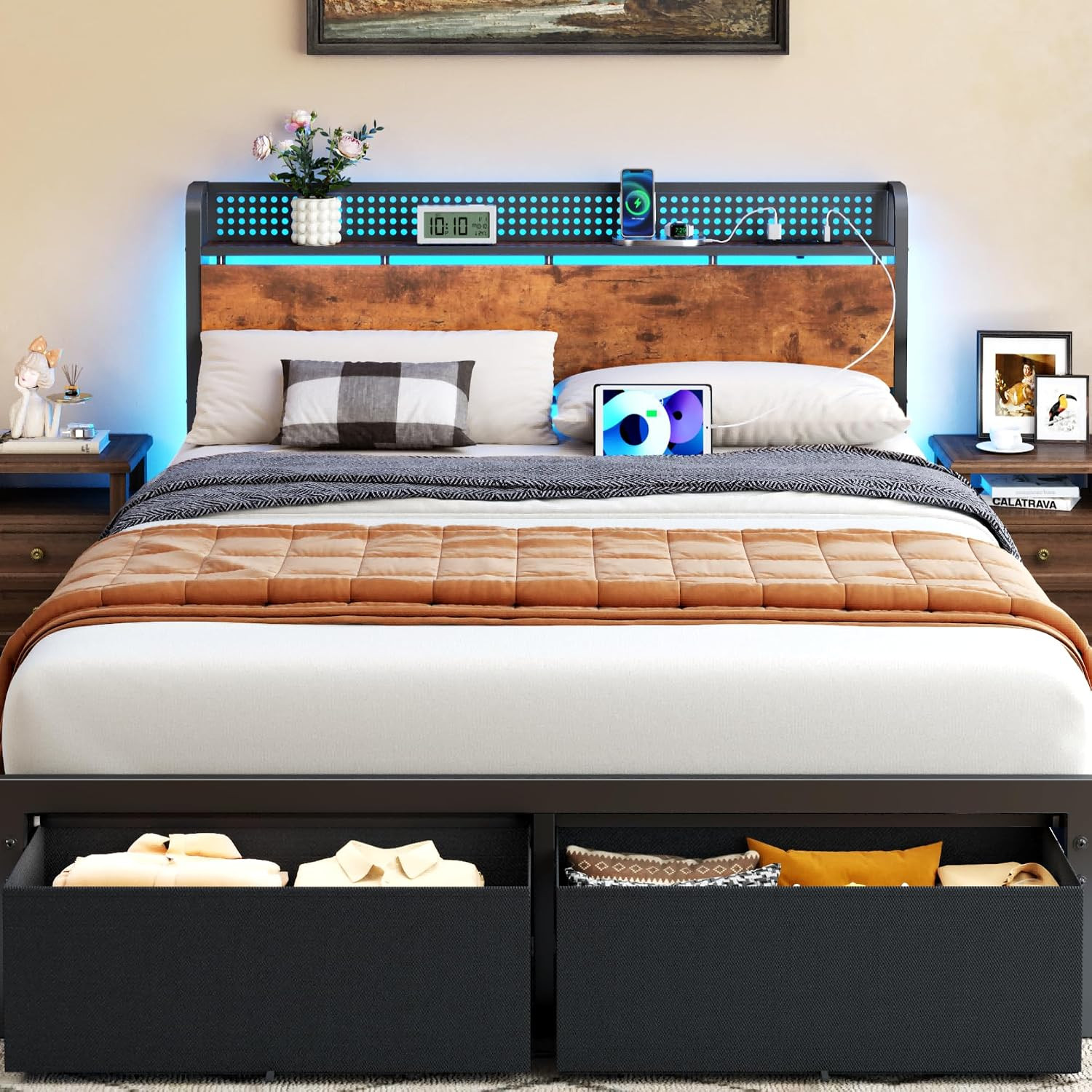 Queen Bed Frame with Headboard Storage, Charging Station, Drawers | 1200 Lbs Cap
