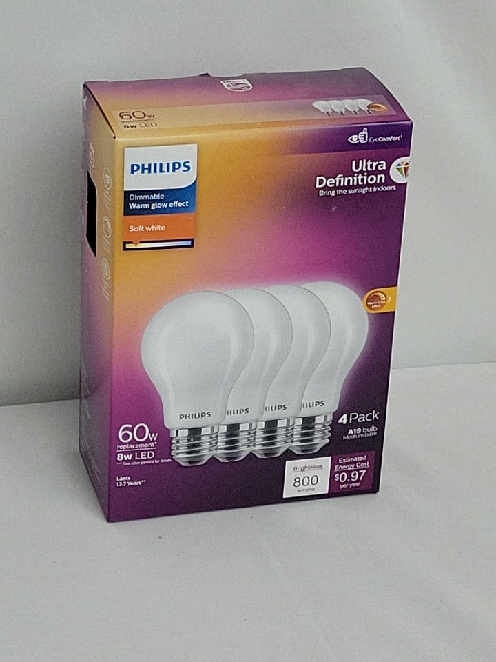 PHILIPS LED 60W A19 4Pack Ultra Definition Soft White LED Light Bulbs 2700K 8...