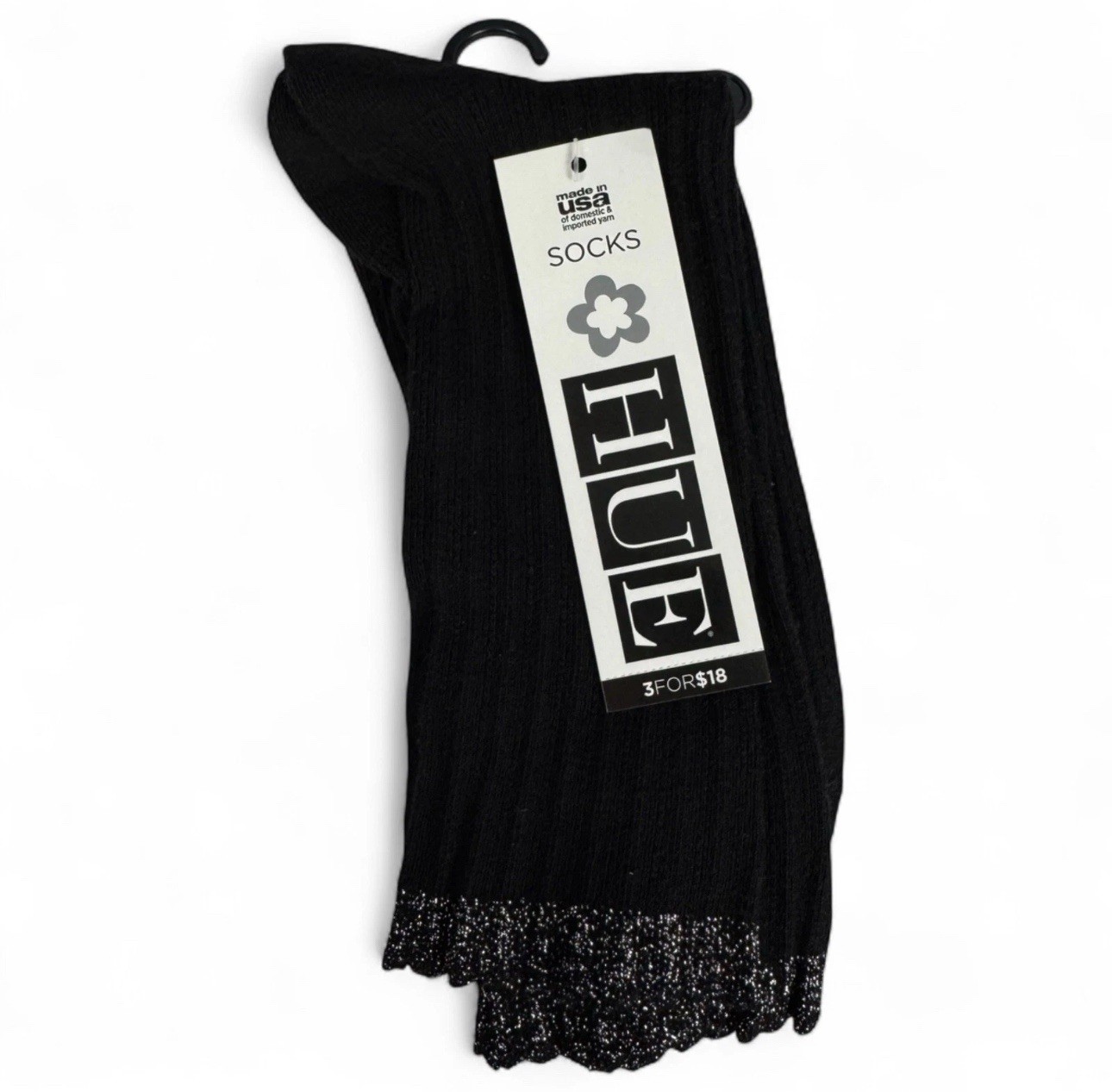 Hue Black Scalloped Pointelle with Silver Tip Socks Womens One Size Fits Most