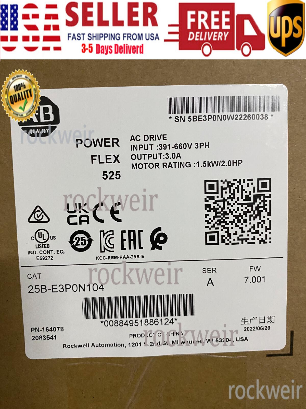 New Sealed AB 25B-E3P0N104 /A PowerFlex 525 AC Drive 1.5kW 2Hp 1PCS 25BE3P0N104