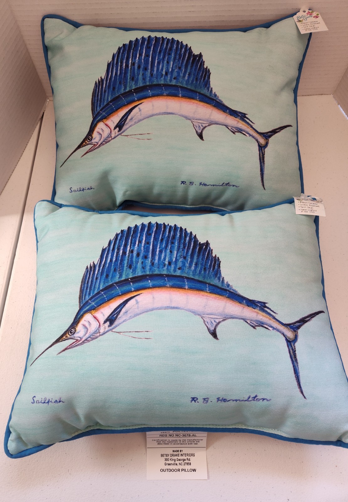 New Pair of Betsy Drake Sailfish - Teal Indoor Outdoor Pillows 11 Inch X 14 Inch