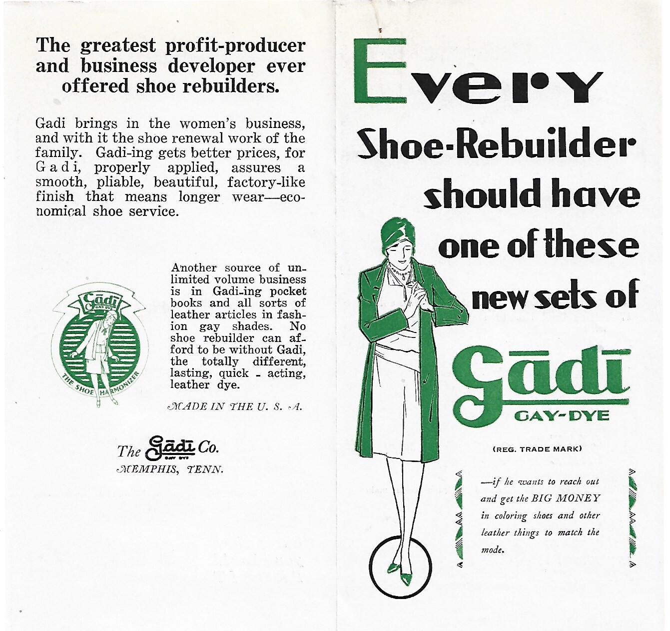 11 LOT~1929 GADI CO. LETTERHEAD/COLOR CHART/ADS~MEMPHIS, TN~SHOE DYES REPAIR/MFG