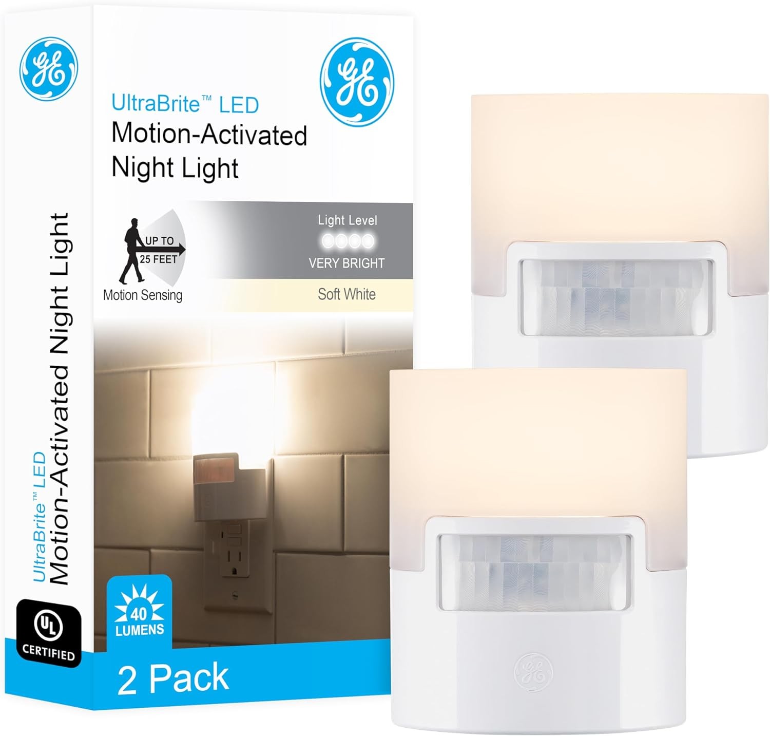 GE LED Motion Sensor Night Light, Plug into wall, 40 Lumens, Soft White, UL-Cert