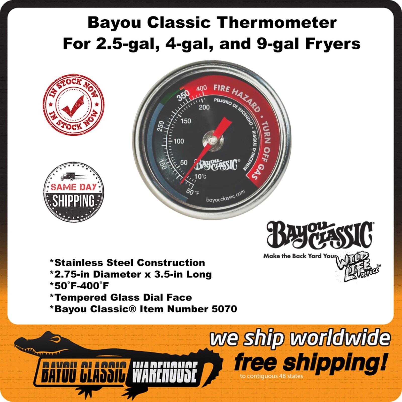 Bayou Classic 5070 Fryer Thermometer Works with ALL Fryers 2.5-gal, 4 gal, 9-gal